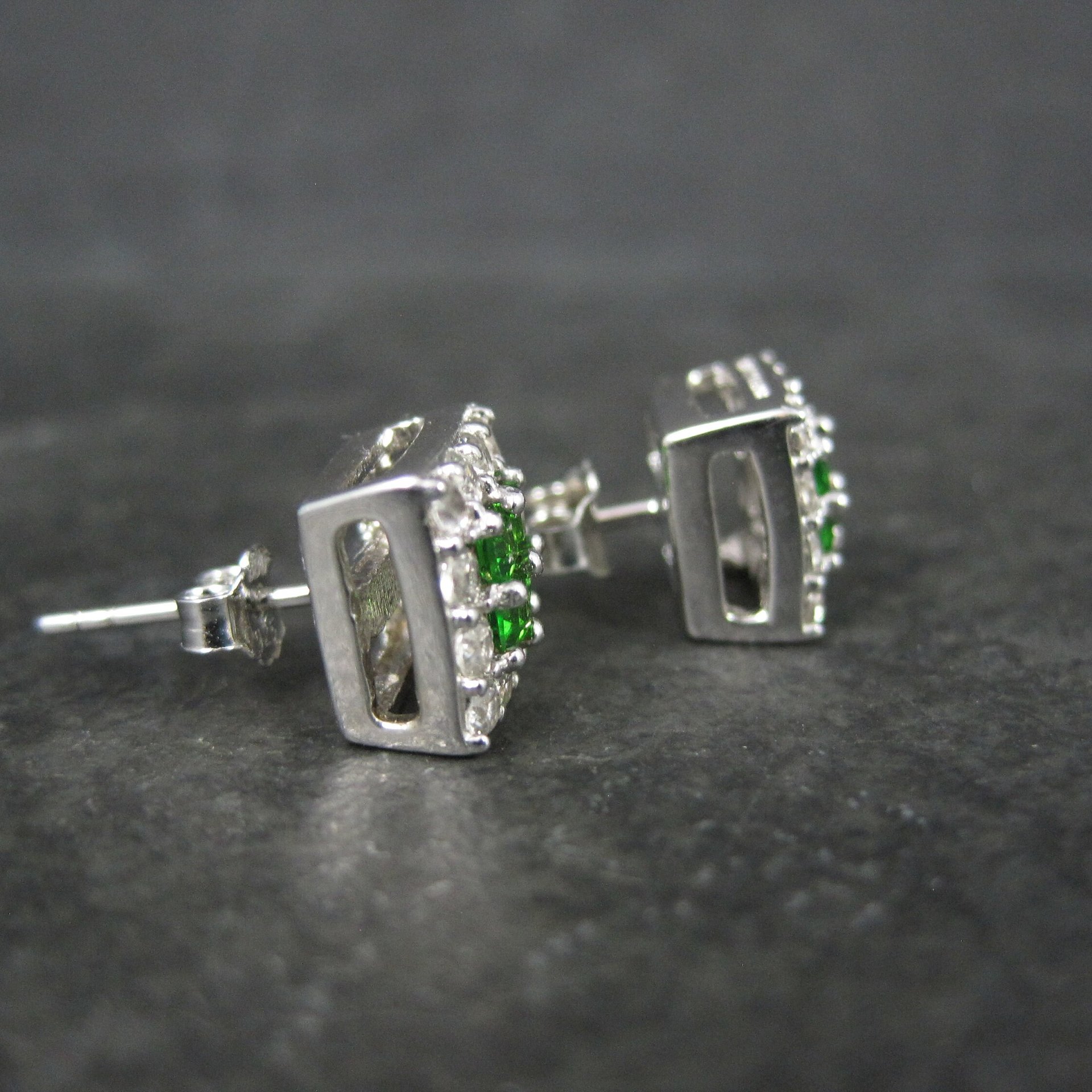 Chrome Diopside White Topaz Stud Earrings Estate Sterling Silver