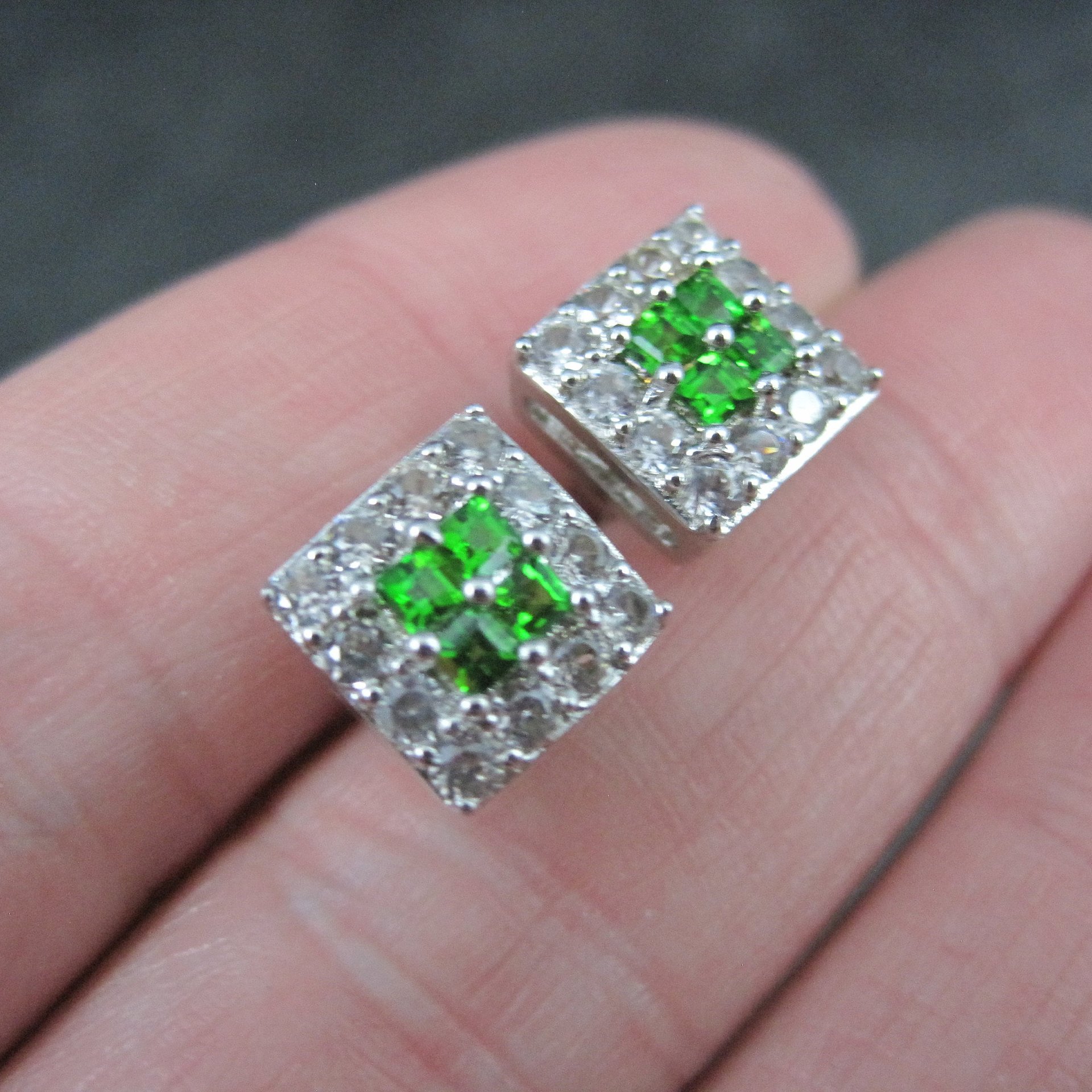 Chrome Diopside White Topaz Stud Earrings Estate Sterling Silver