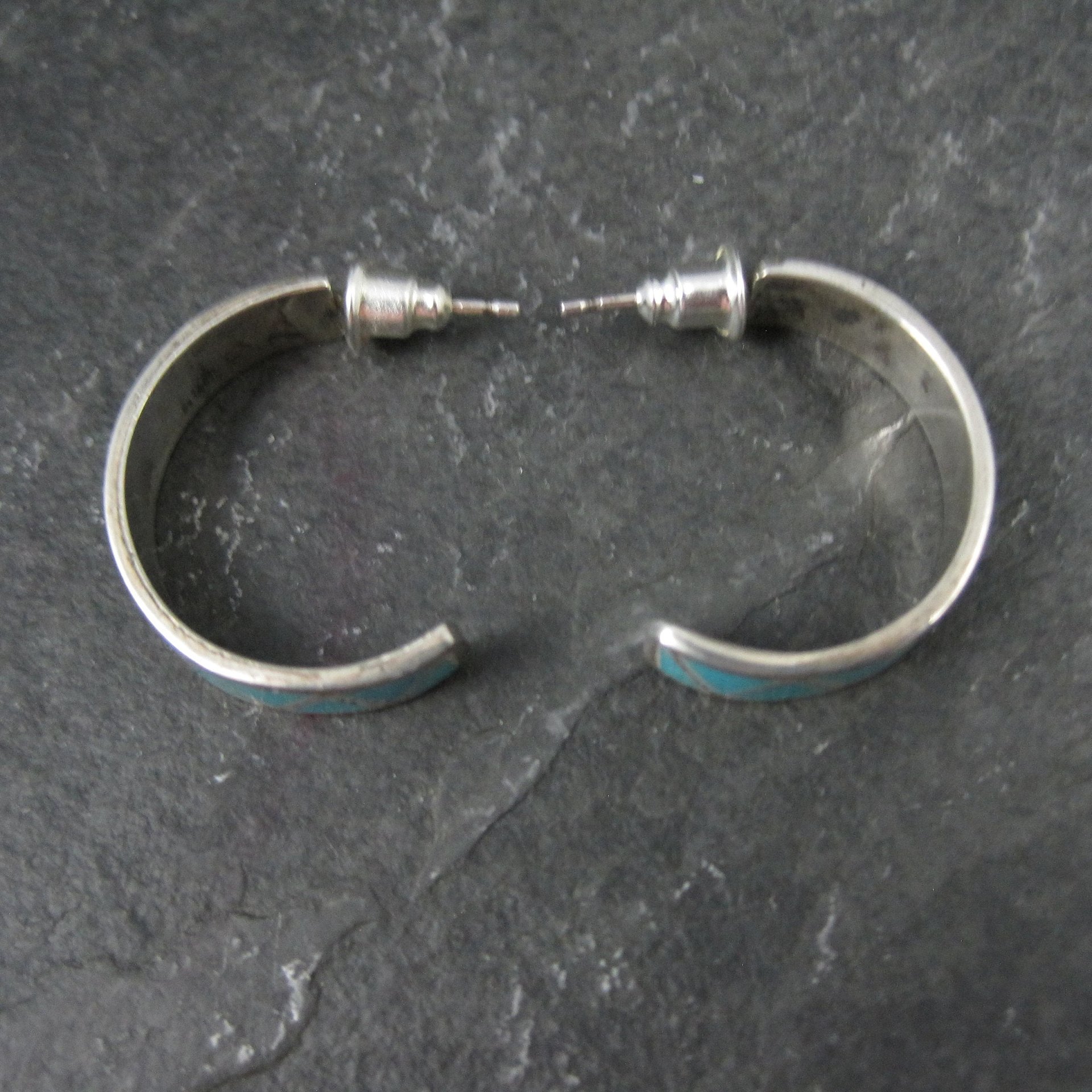 Vintage Sterling Silver Turquoise Inlay Half Hoop Earrings Southwestern