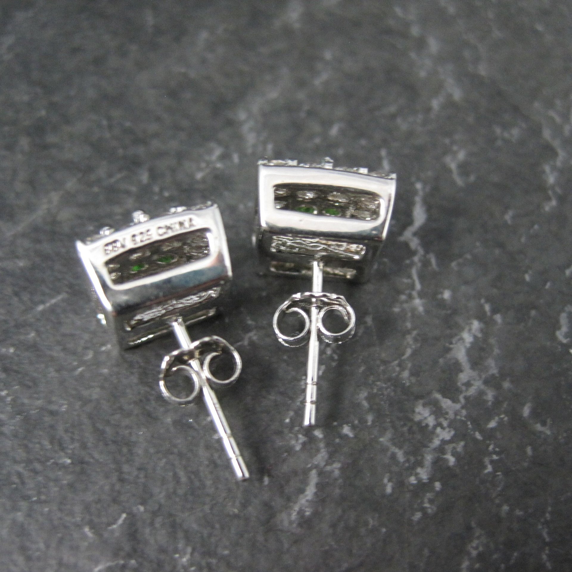 Chrome Diopside White Topaz Stud Earrings Estate Sterling Silver