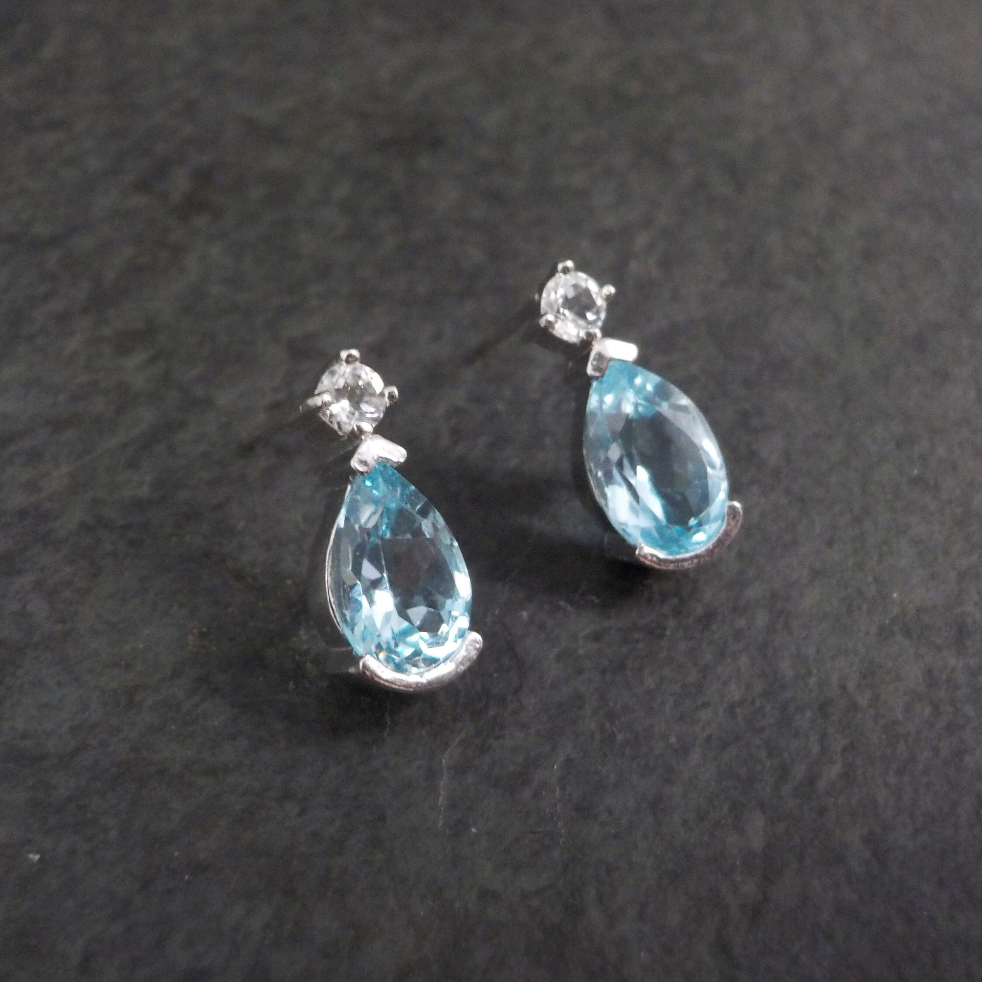Blue and White Topaz Stud Earrings Sterling Silver Estate Jewelry