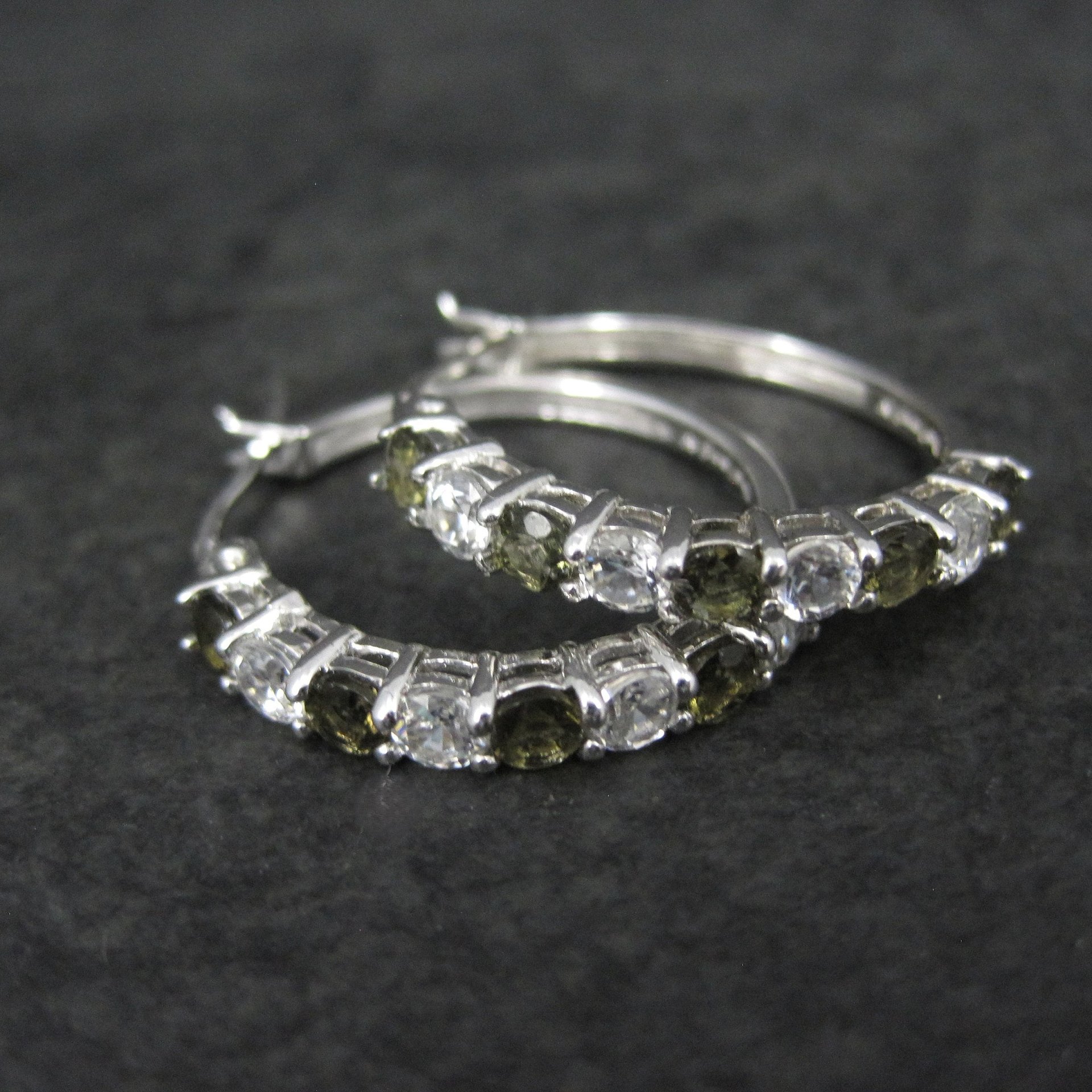 Smoky Quartz and White Topaz Latchback Hoop Earrings Sterling Silver 1"