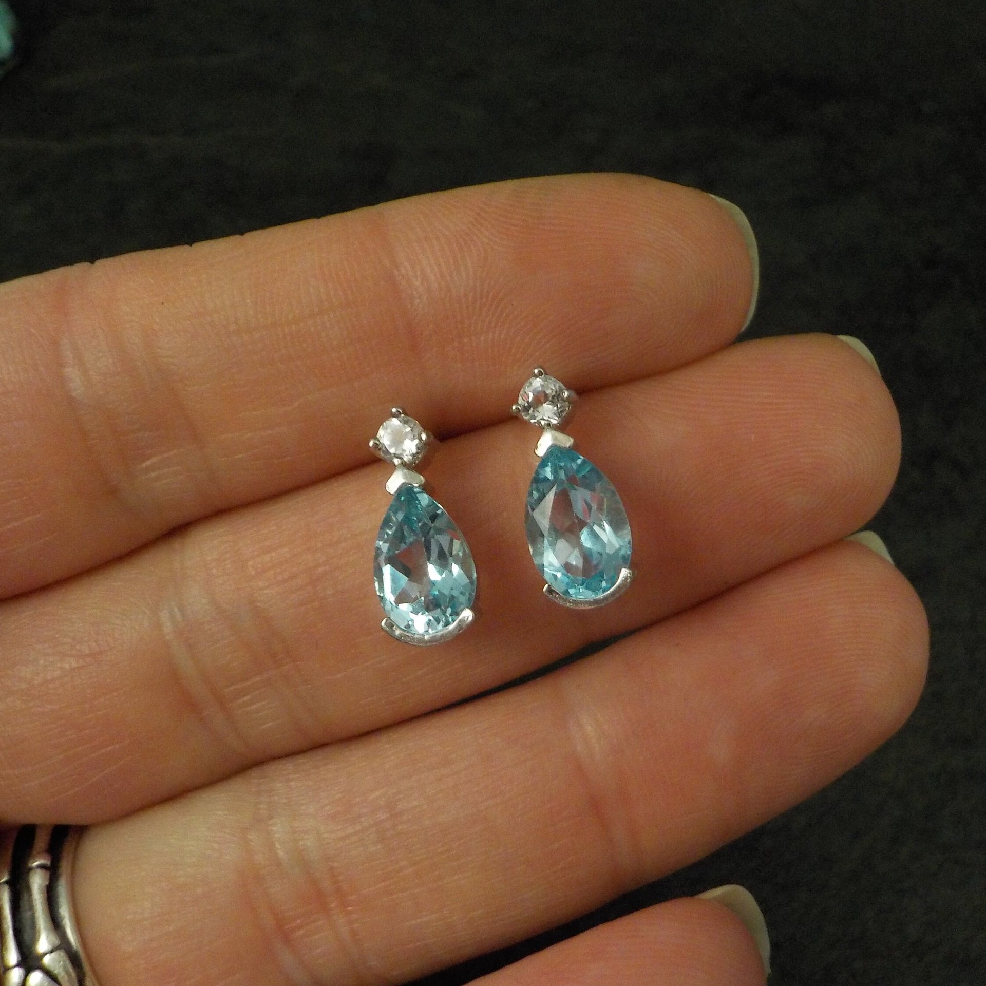 Blue and White Topaz Stud Earrings Sterling Silver Estate Jewelry