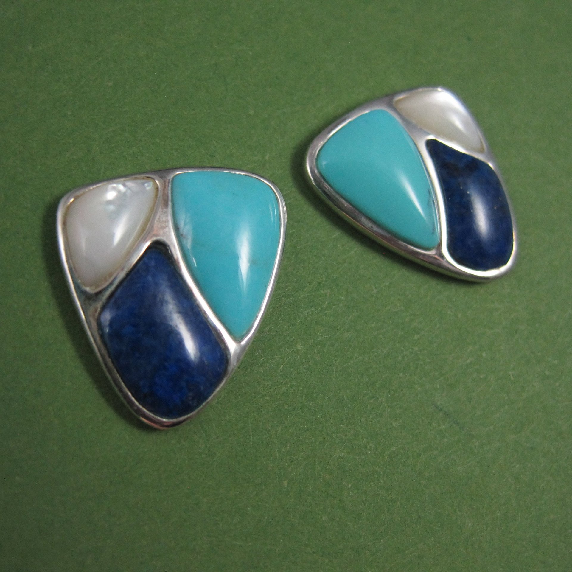 Estate Turquoise Lapis Mother of Pearl Earrings Sterling Silver