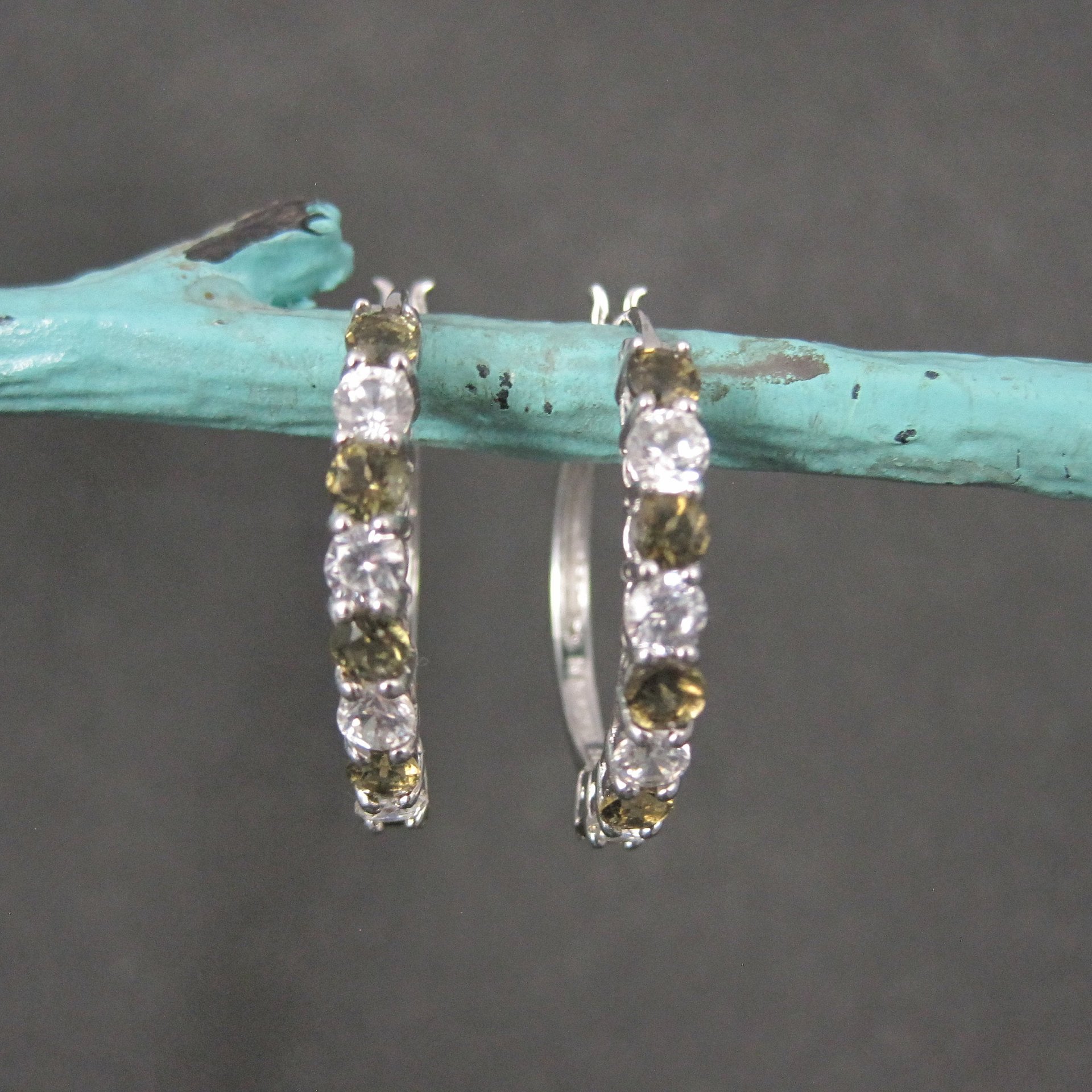 Smoky Quartz and White Topaz Latchback Hoop Earrings Sterling Silver 1"