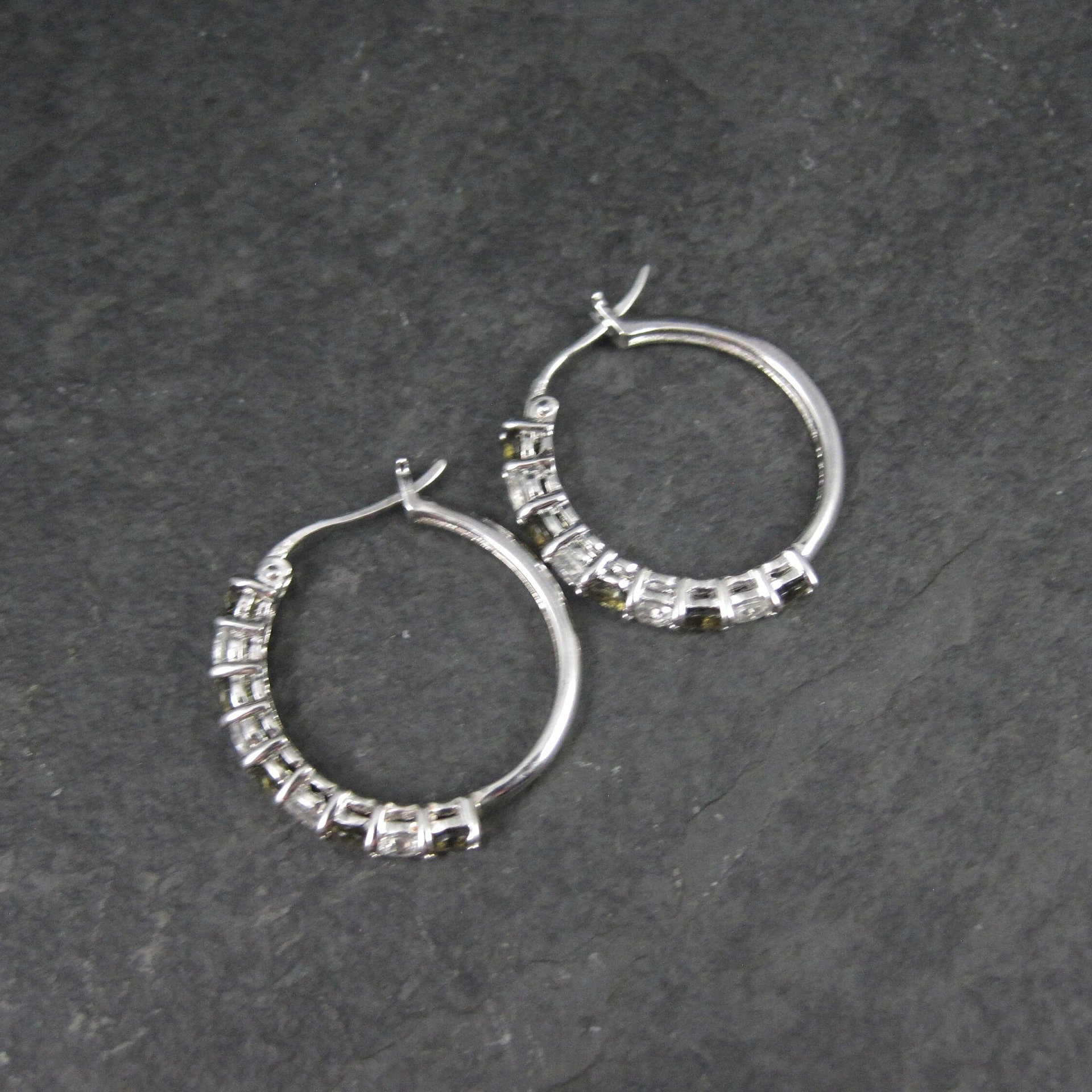 Smoky Quartz and White Topaz Latchback Hoop Earrings Sterling Silver 1"