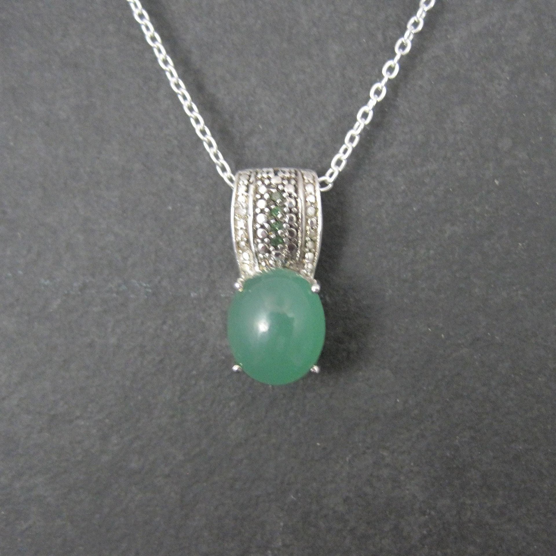Jade and Green Diamond Pendant Necklace Sterling Silver