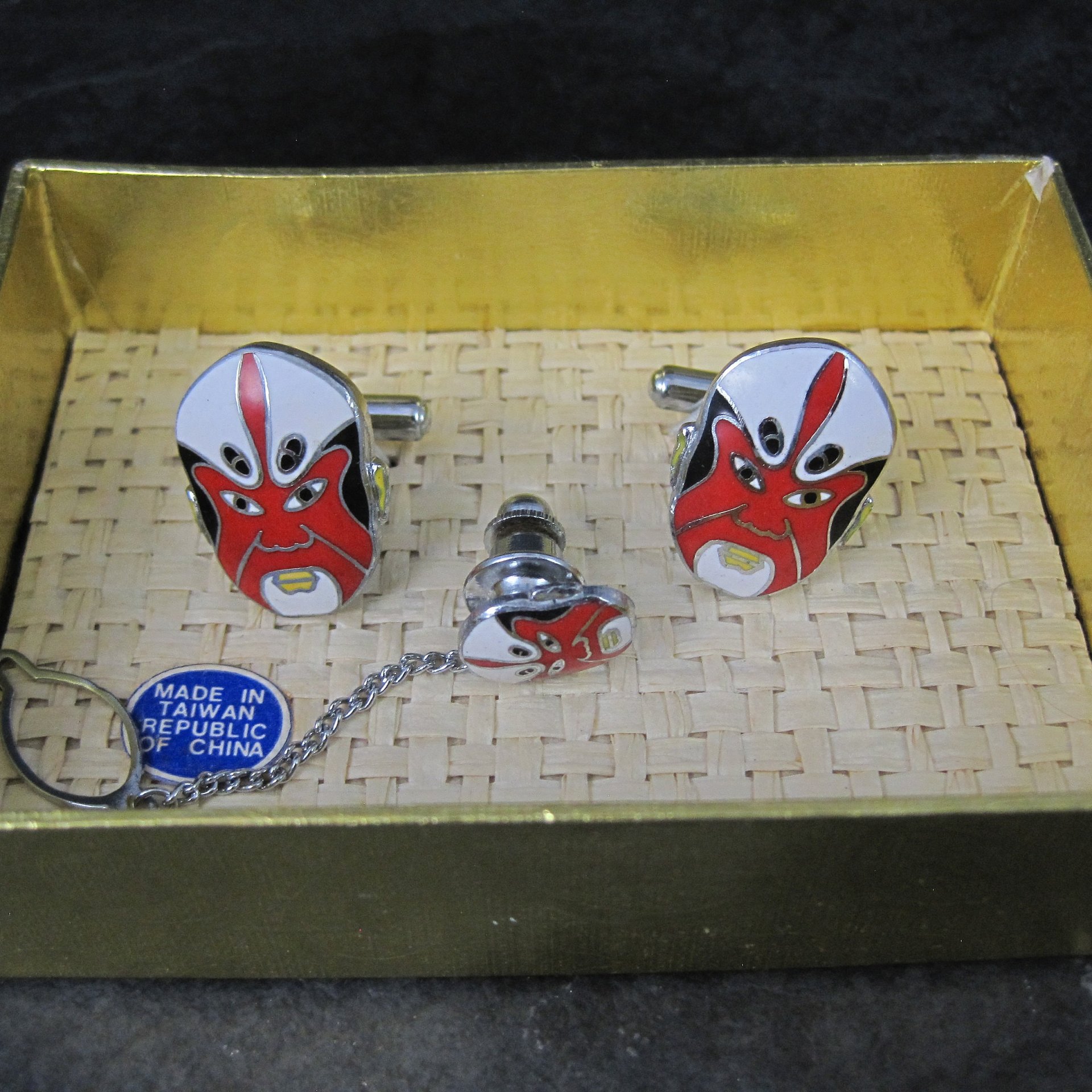 Vintage Enamel Kabuki Cufflinks and Tie Tack Set Red Black and White New Old Stock
