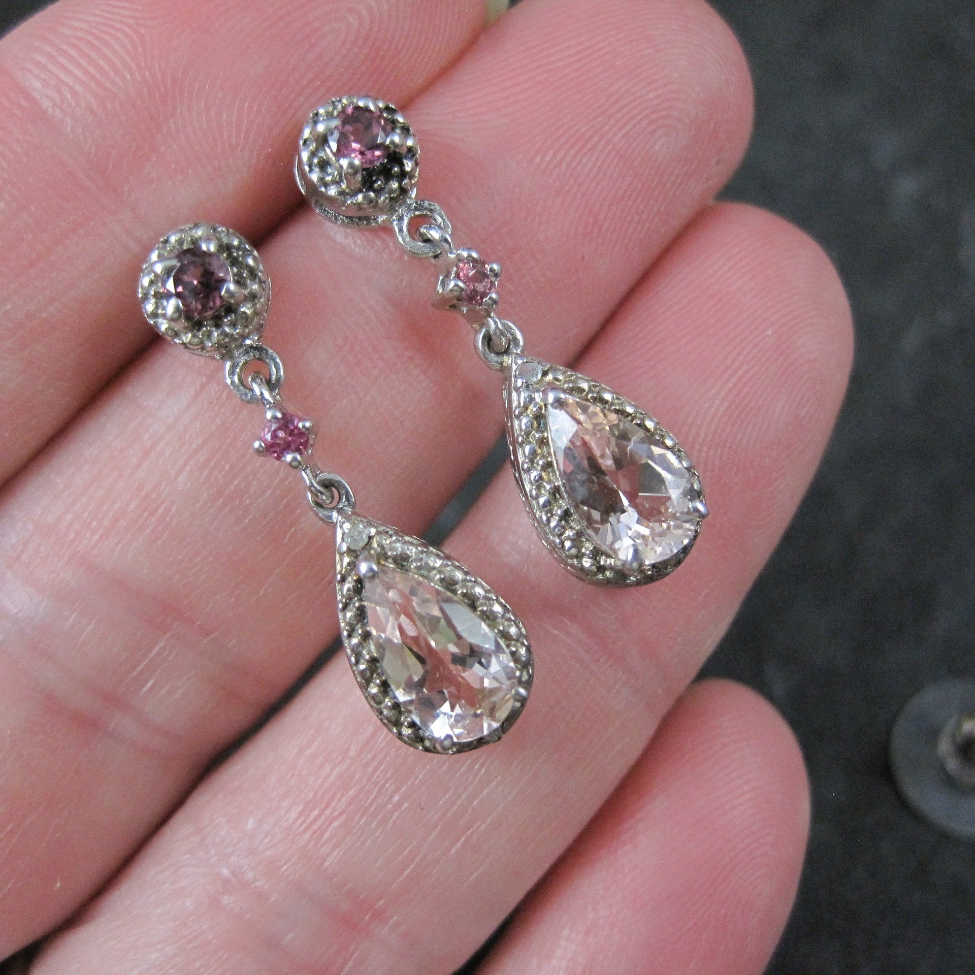 Morganite Amethyst and Pink Tourmaline Earrings Sterling Silver Estate Jewelry
