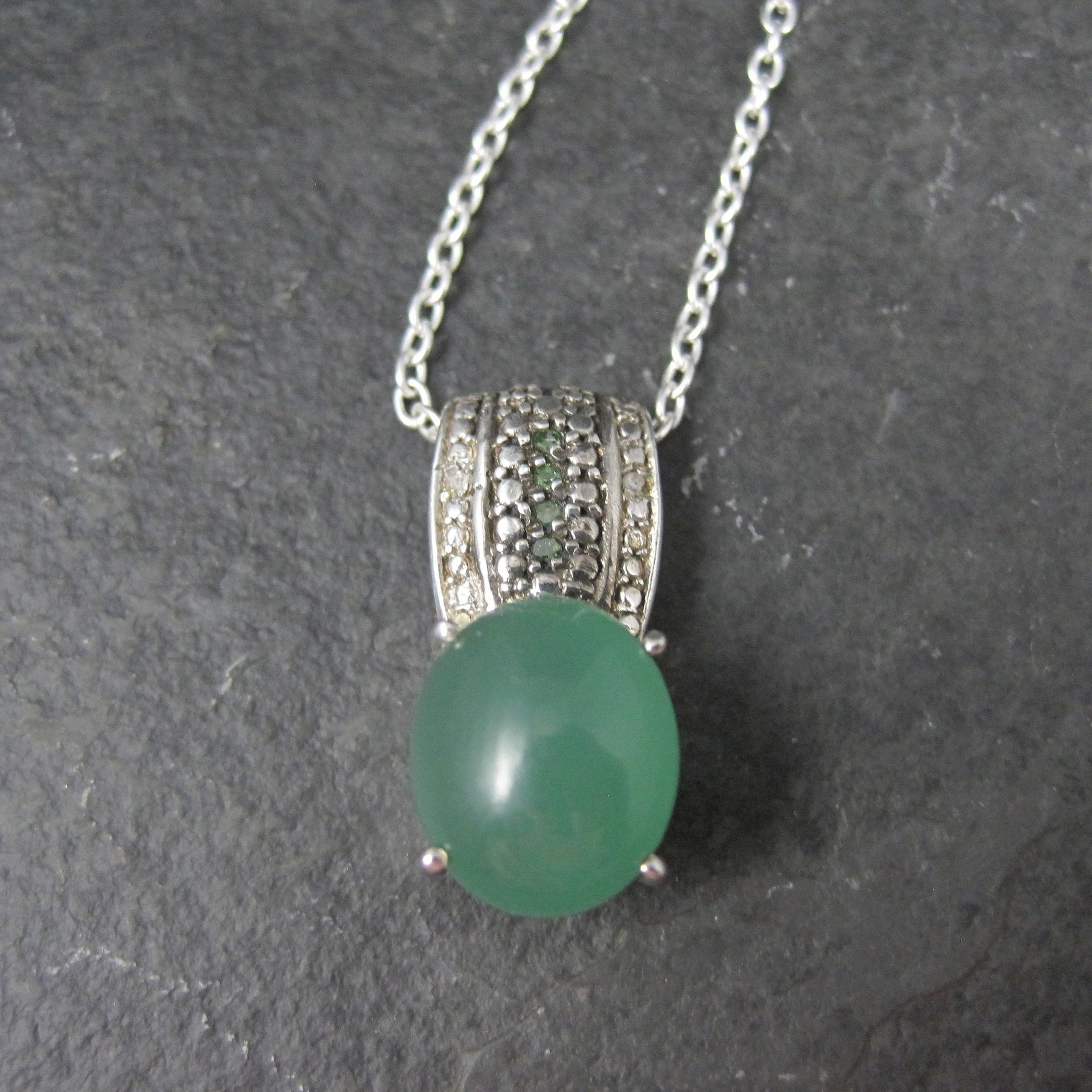 Jade and Green Diamond Pendant Necklace Sterling Silver
