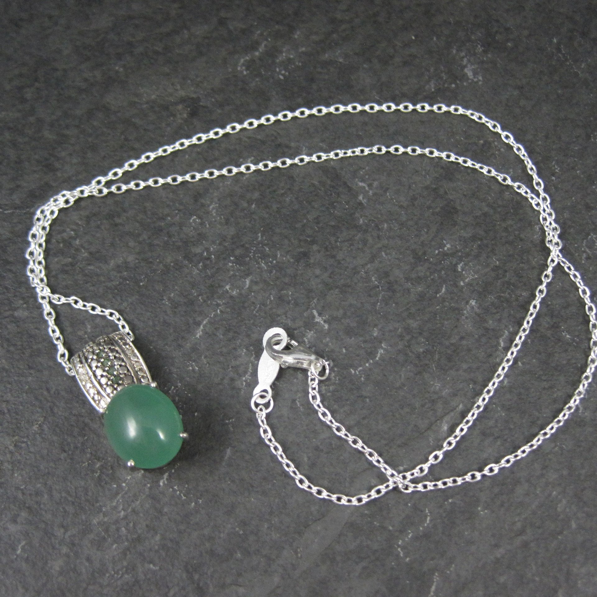 Jade and Green Diamond Pendant Necklace Sterling Silver