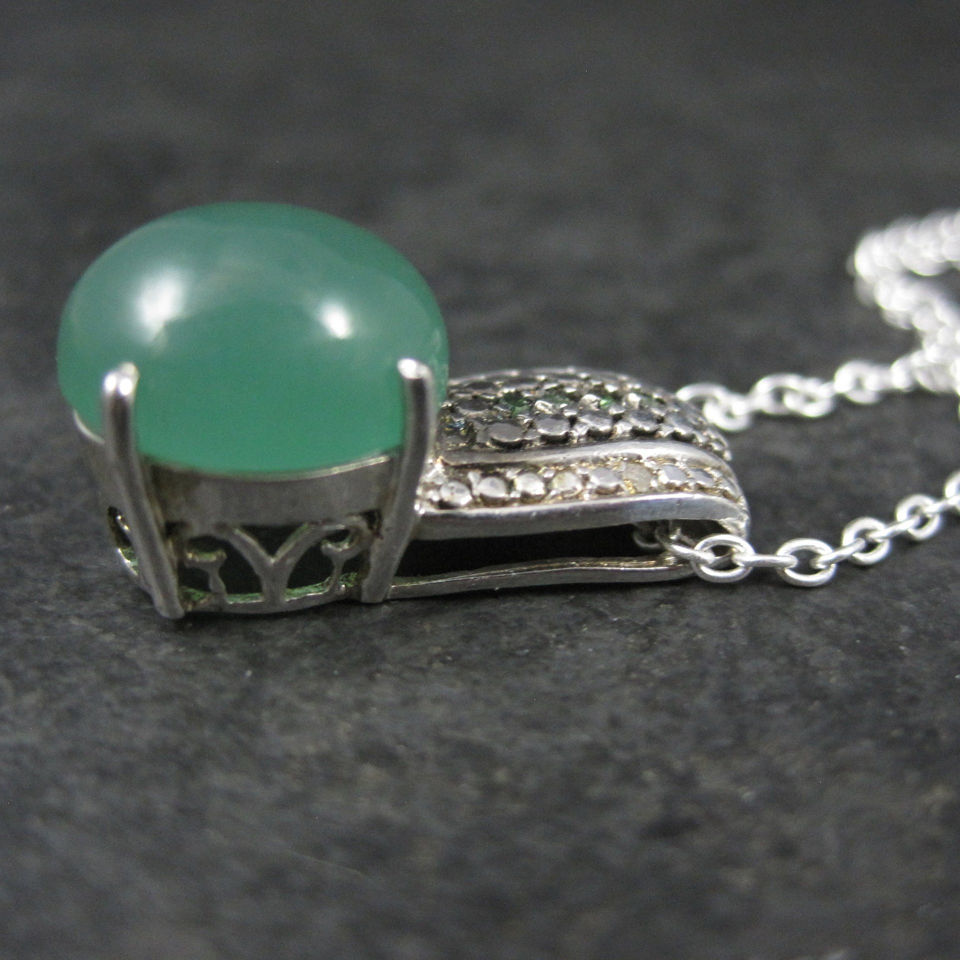 Jade and Green Diamond Pendant Necklace Sterling Silver