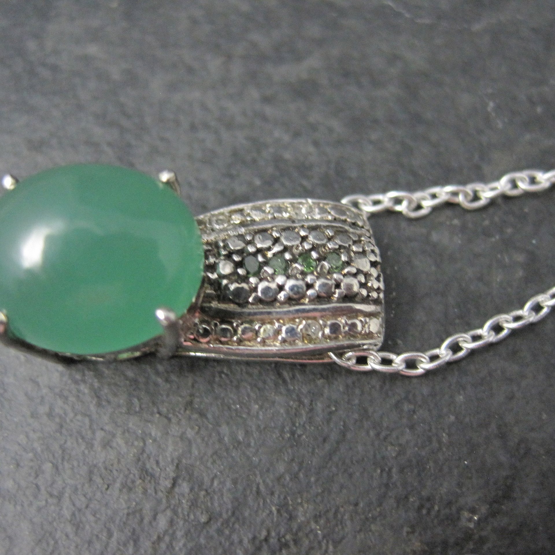 Jade and Green Diamond Pendant Necklace Sterling Silver