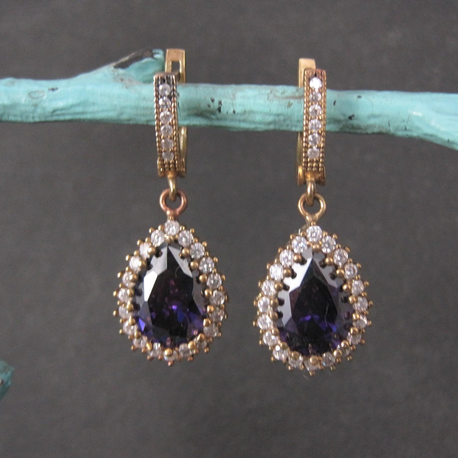 Vintage Purple Cz Earrings Sterling Silver and Bronze