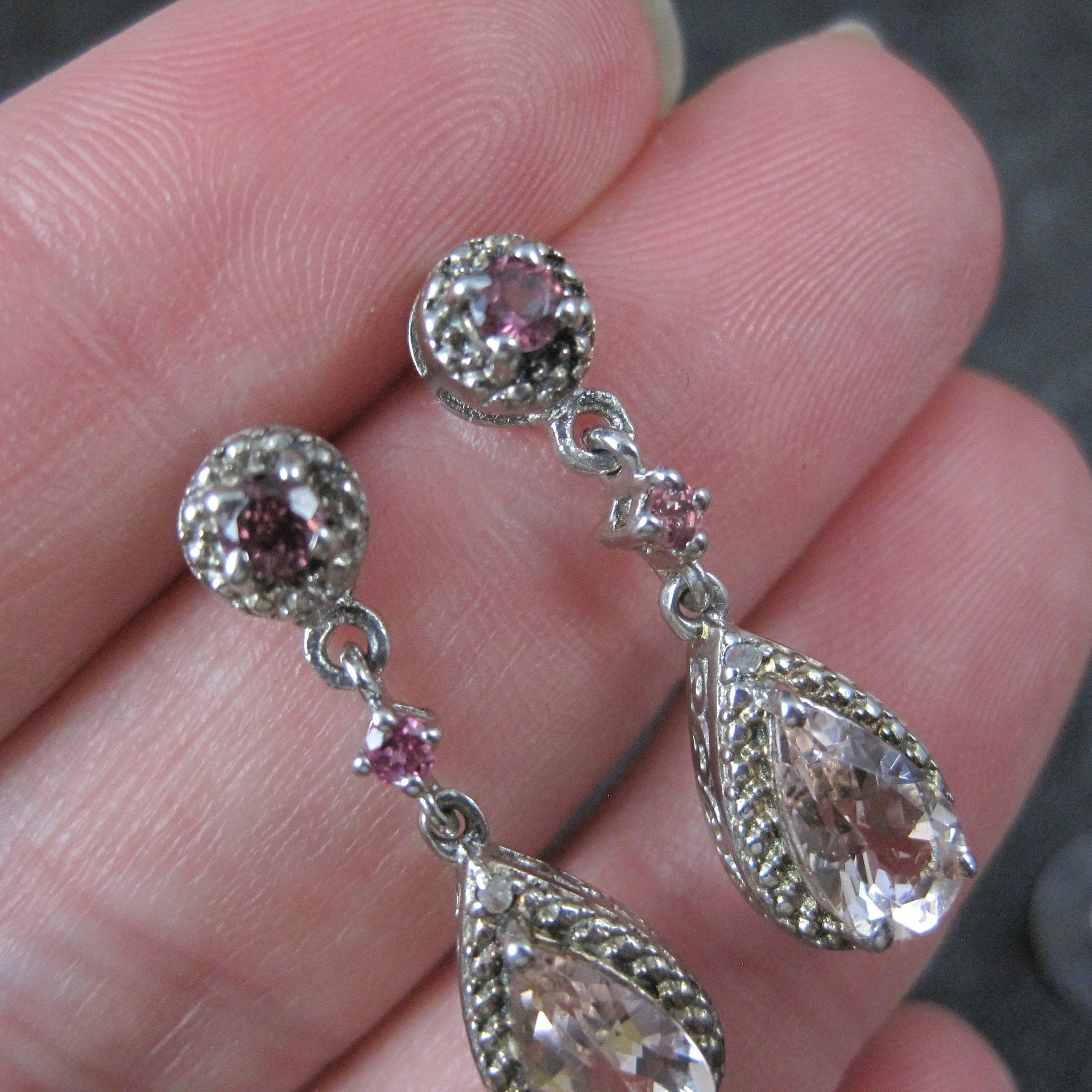 Morganite Amethyst and Pink Tourmaline Earrings Sterling Silver Estate Jewelry