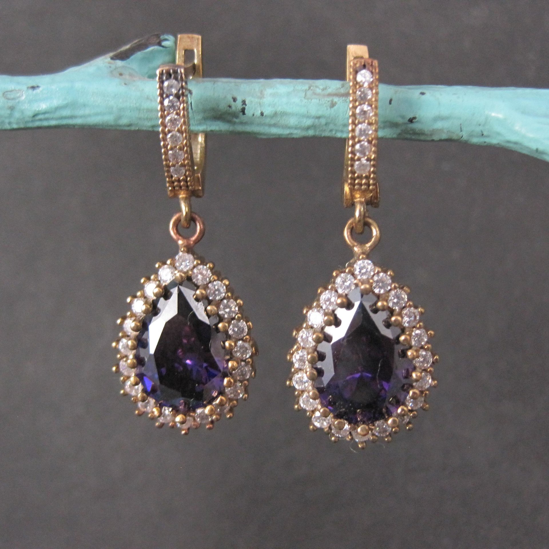 Vintage Purple Cz Earrings Sterling Silver and Bronze