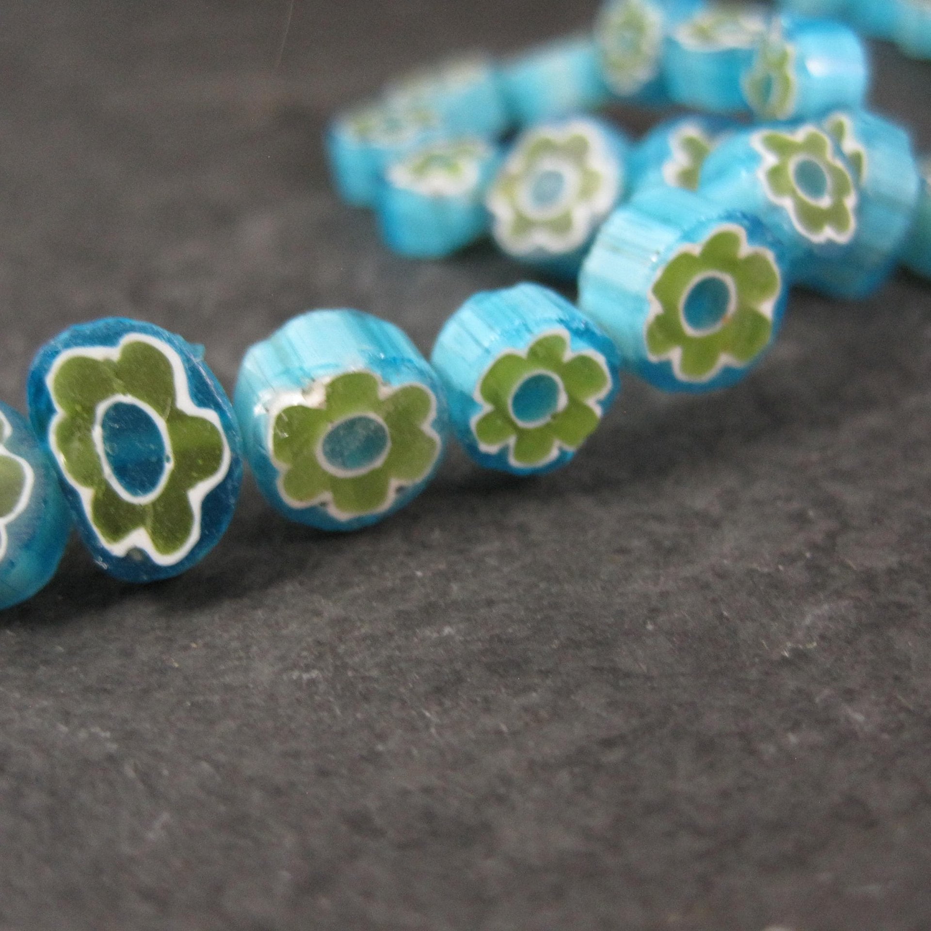 7mm Blue and Green Glass Flower Beads Bliss Beads
