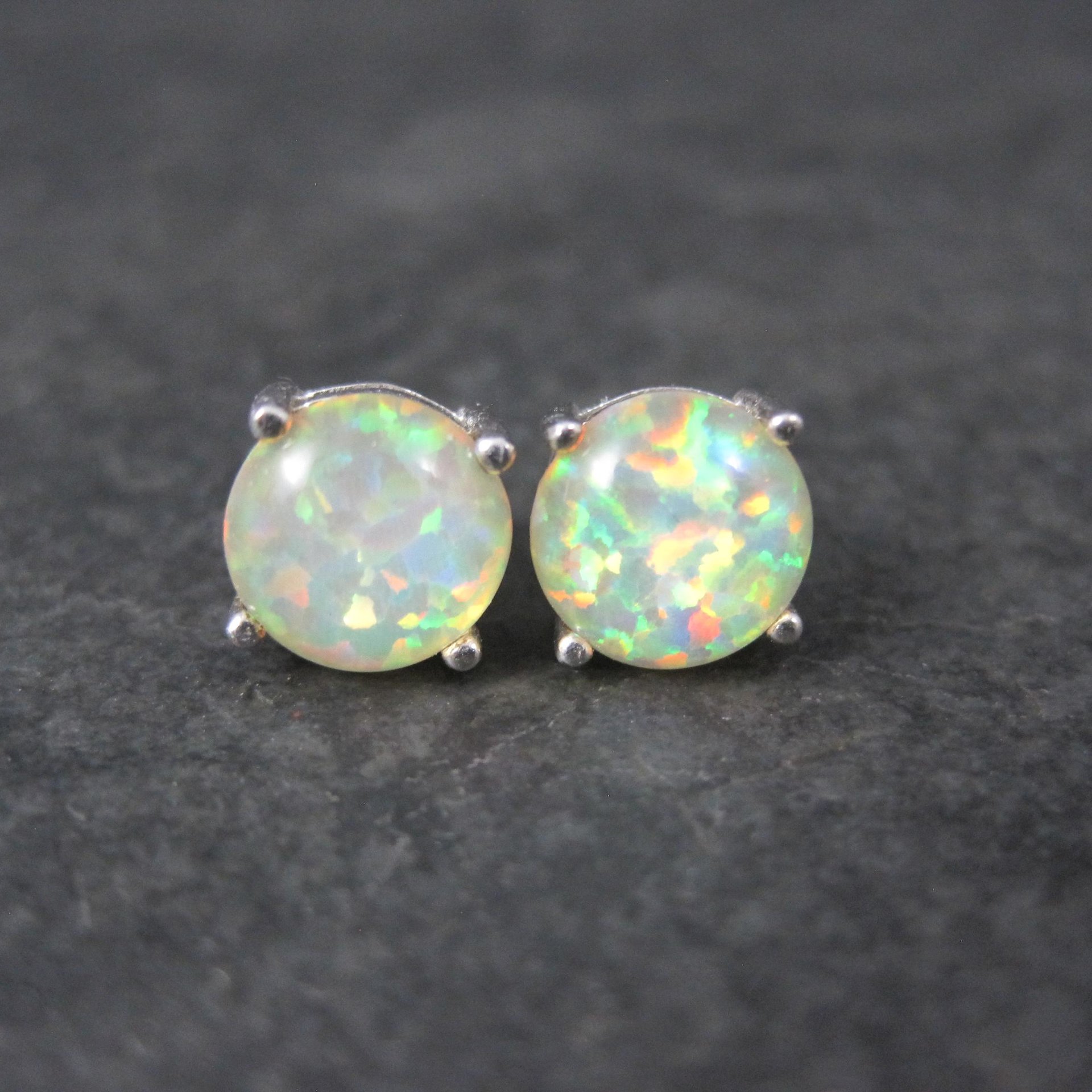 Estate Sterling Silver 8mm Opal Stud Earrings