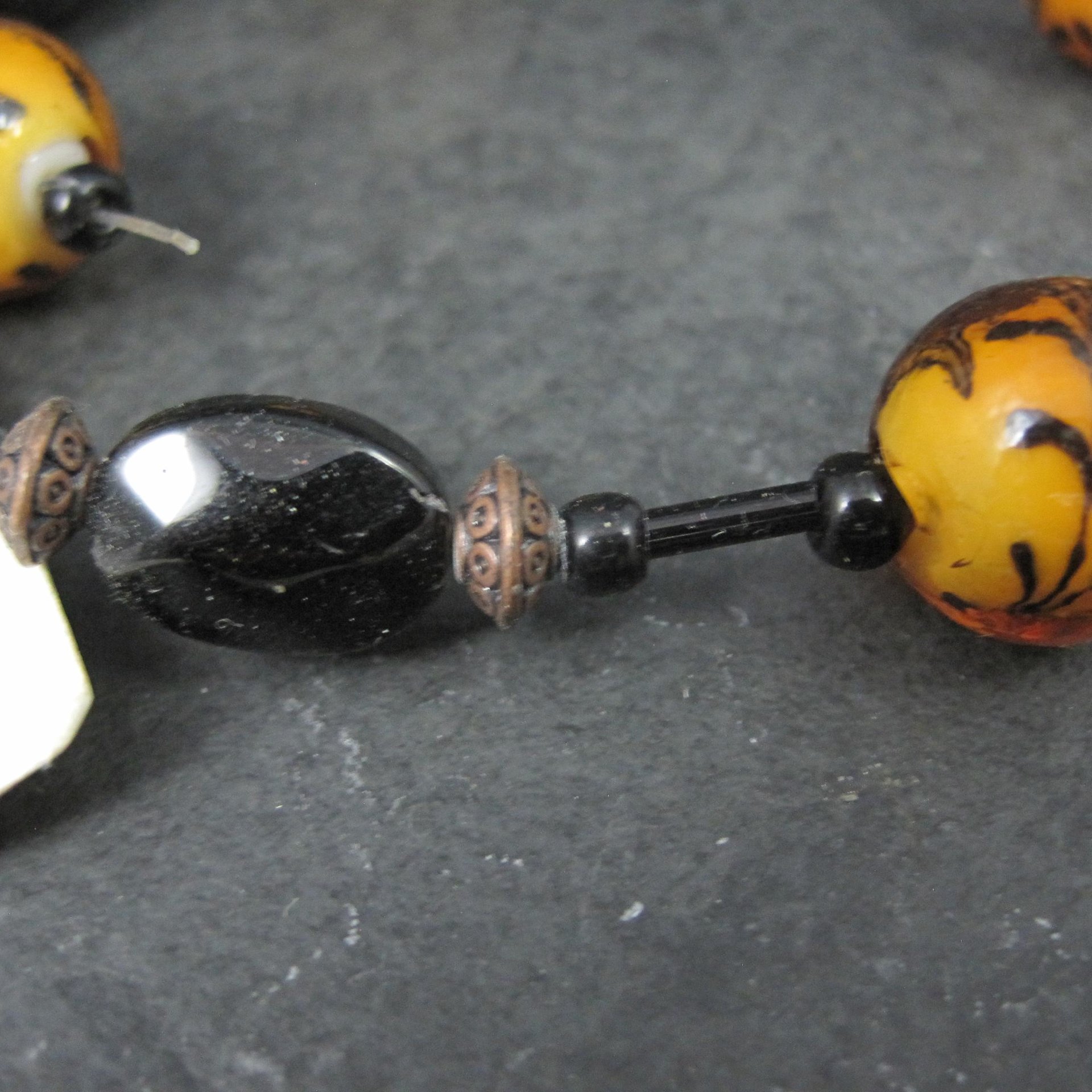 Orange Lampwork Black Glass Bead Strand Cousins 9.25"