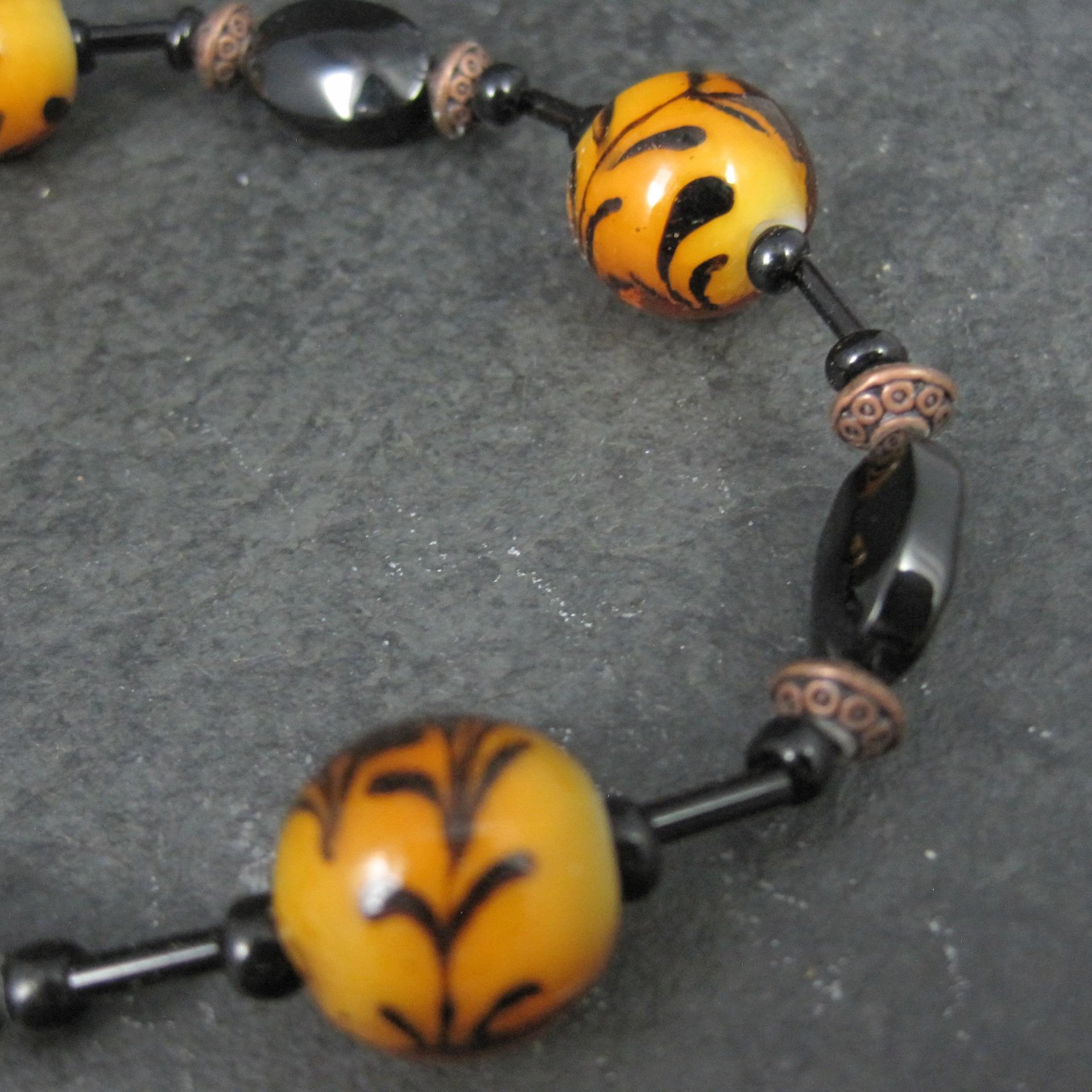 Orange Lampwork Black Glass Bead Strand Cousins 9.25"