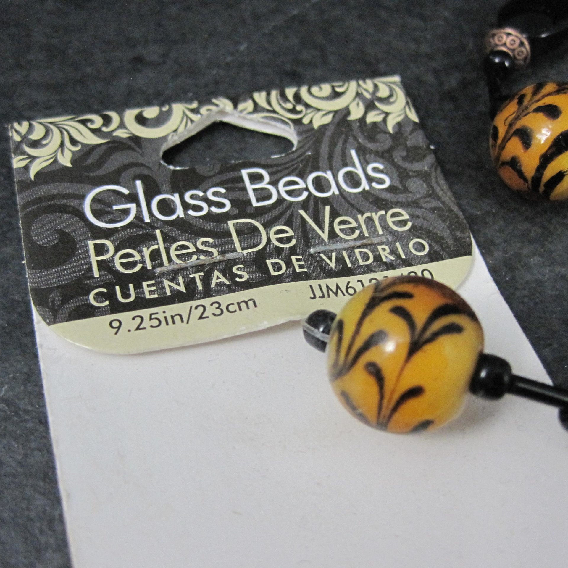 Orange Lampwork Black Glass Bead Strand Cousins 9.25"
