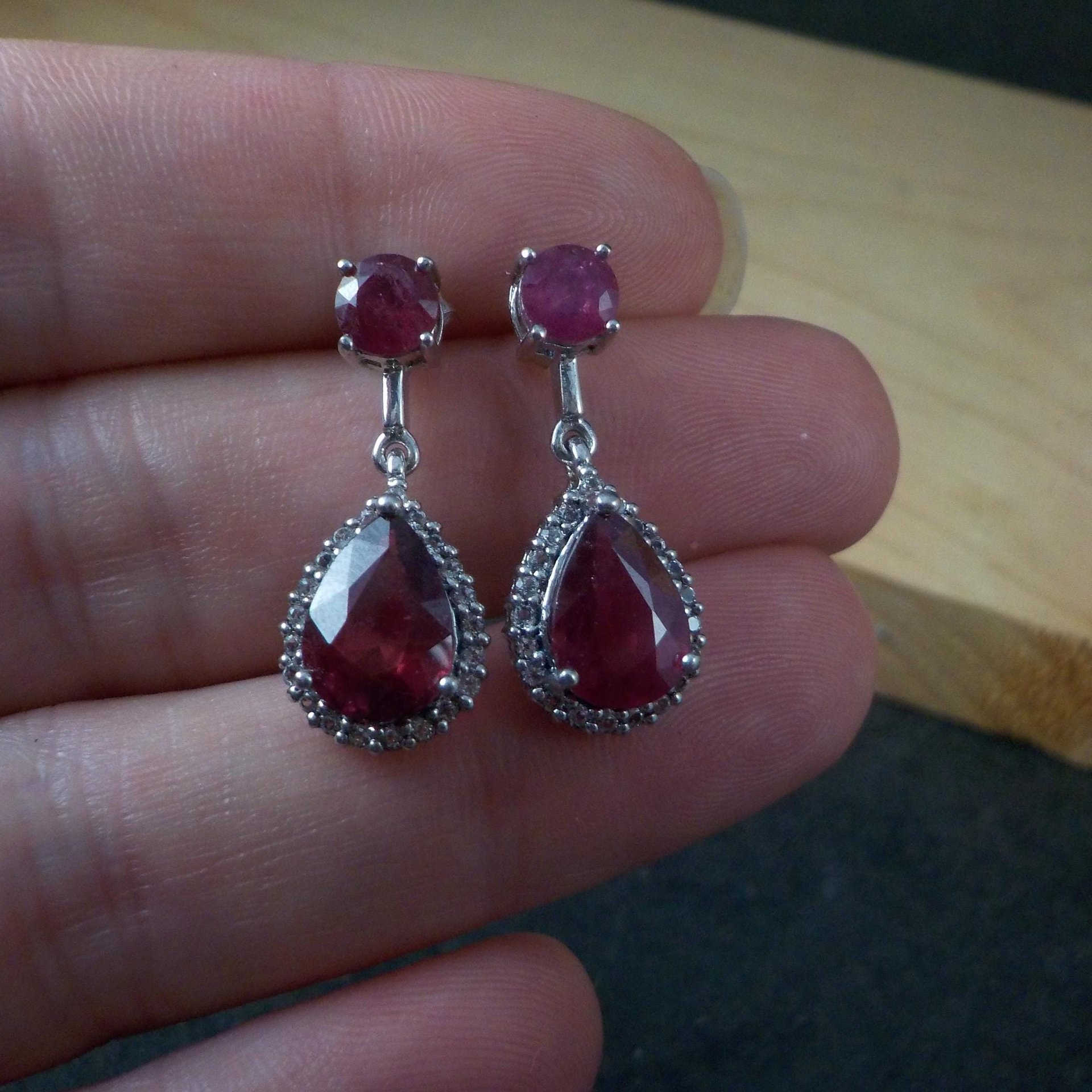 Estate Sterling Ruby White Topaz Earrings