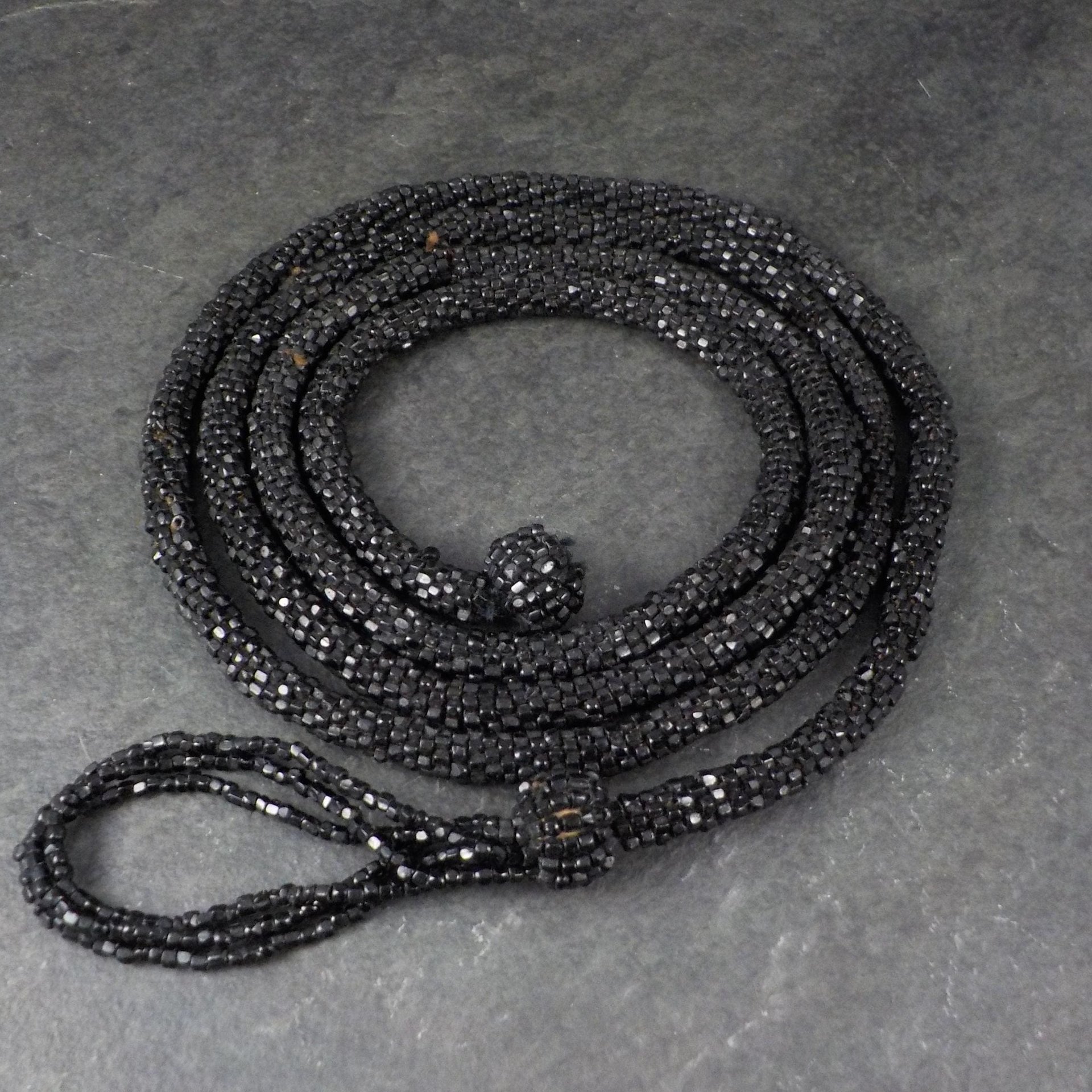 Antique Black Soft Jet Beaded Necklace, Art Deco, ca 1900 to 1920s, Victorian Mourning 42 Inches