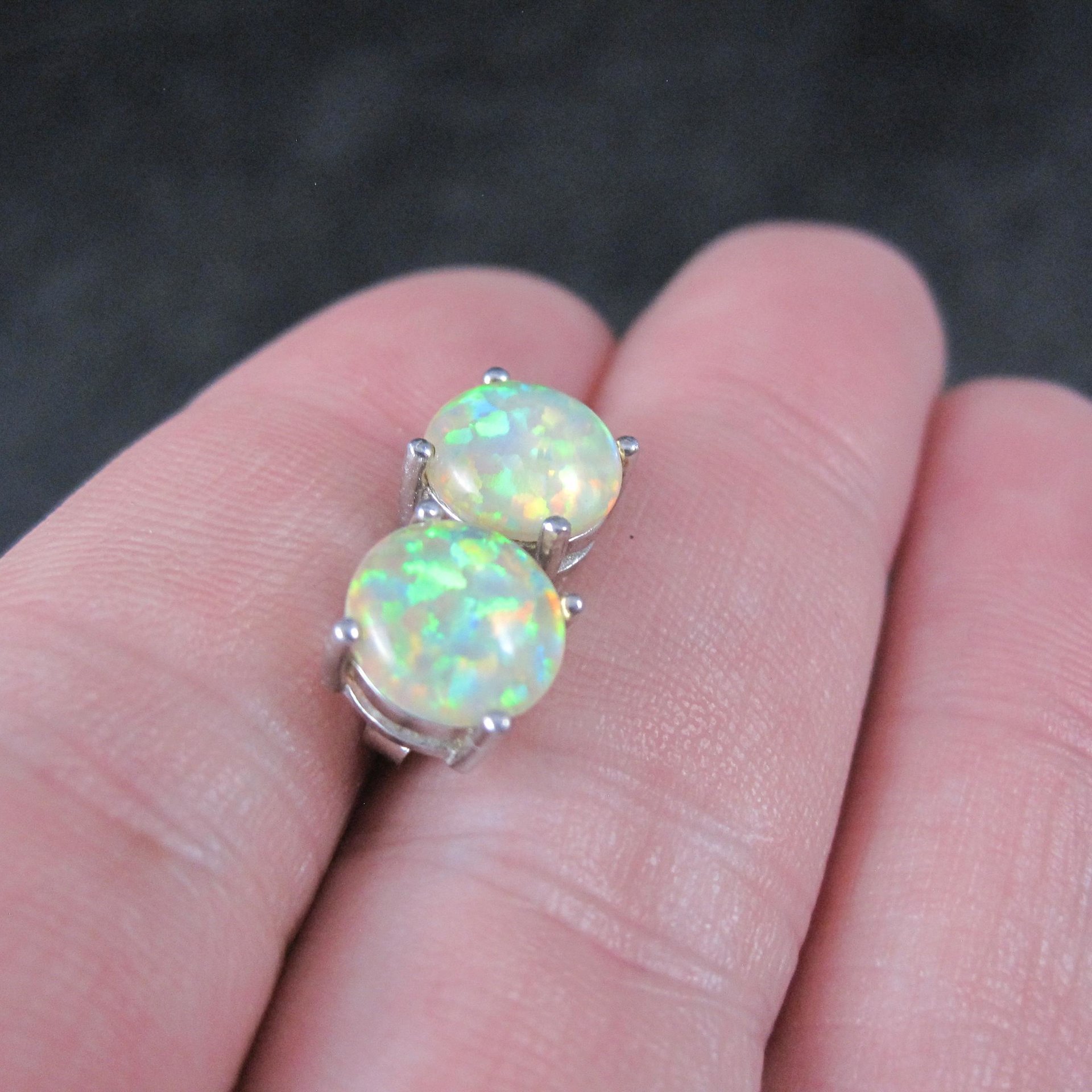 Estate Sterling Silver 8mm Opal Stud Earrings