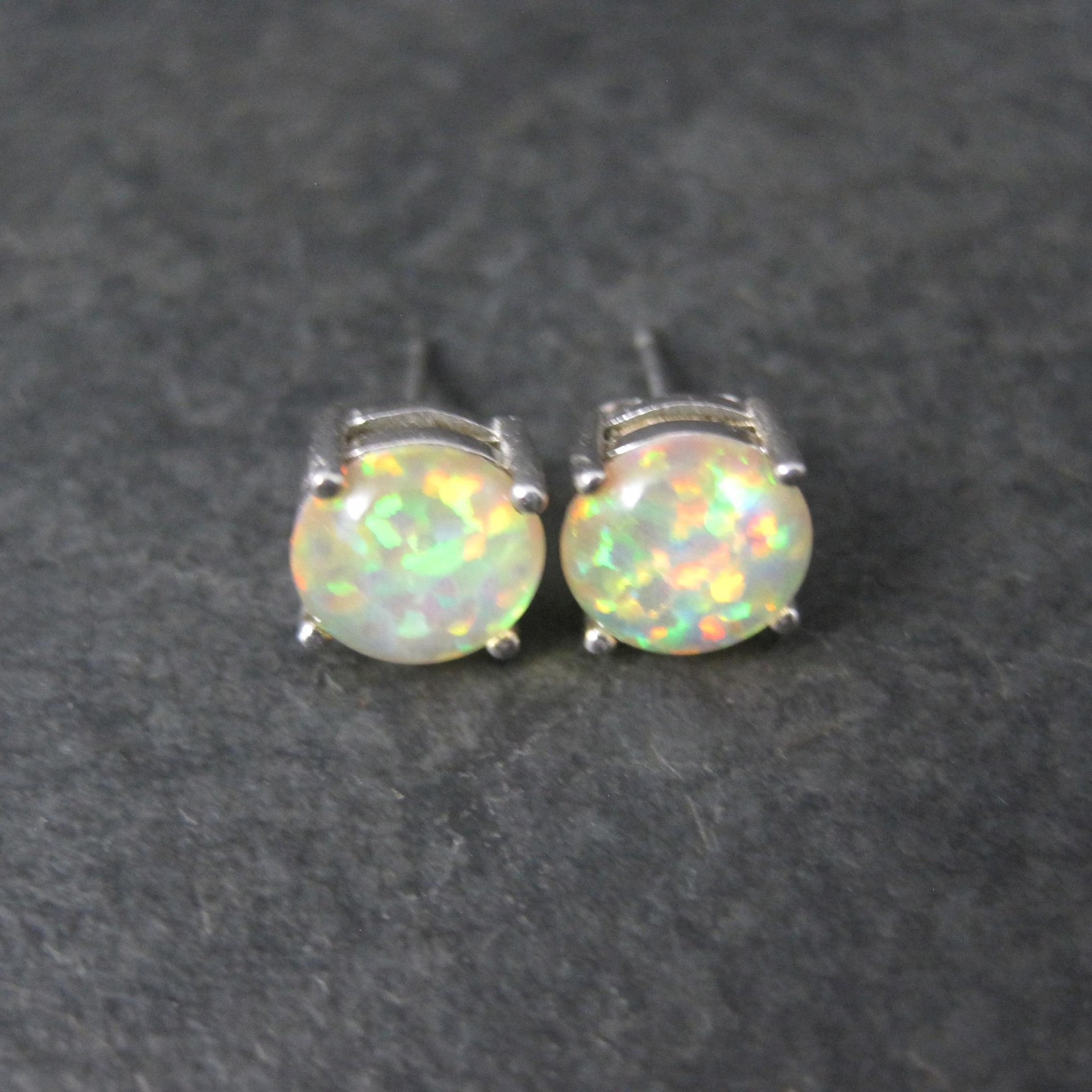 Estate Sterling Silver 8mm Opal Stud Earrings