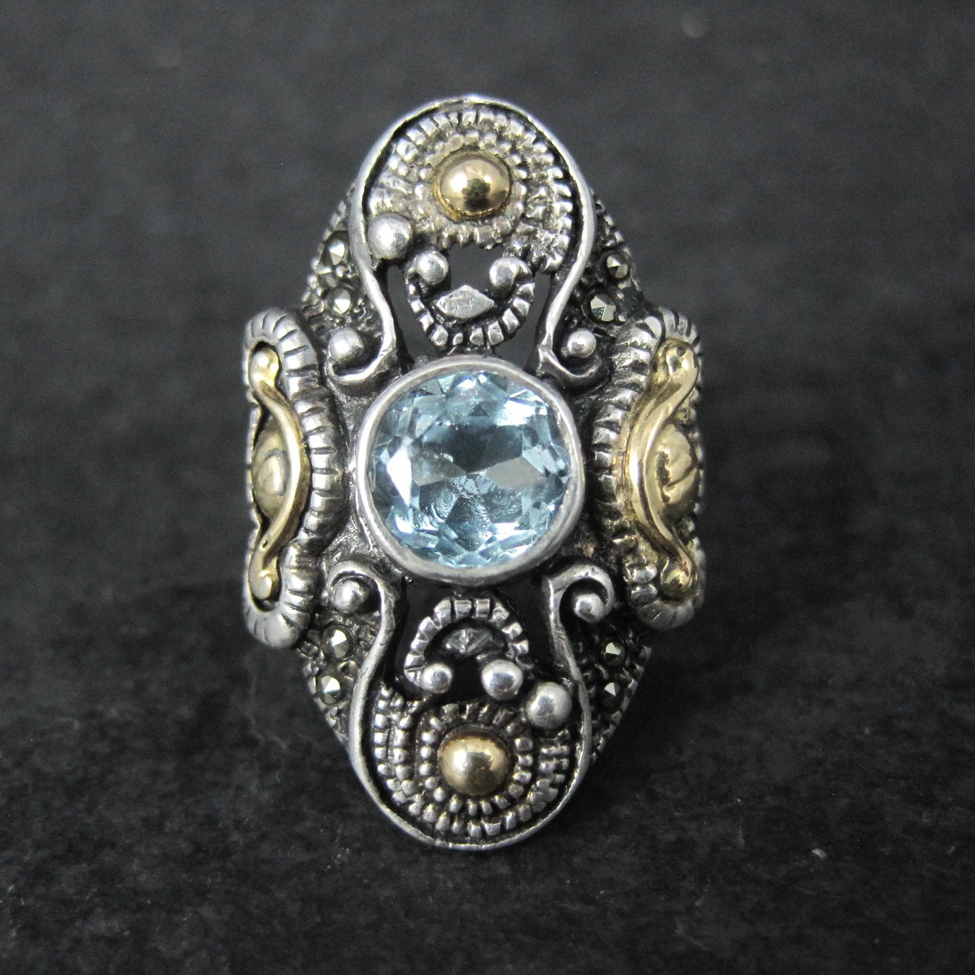 Ornate Estate Sterling 18K Blue Topaz Ring Size 7