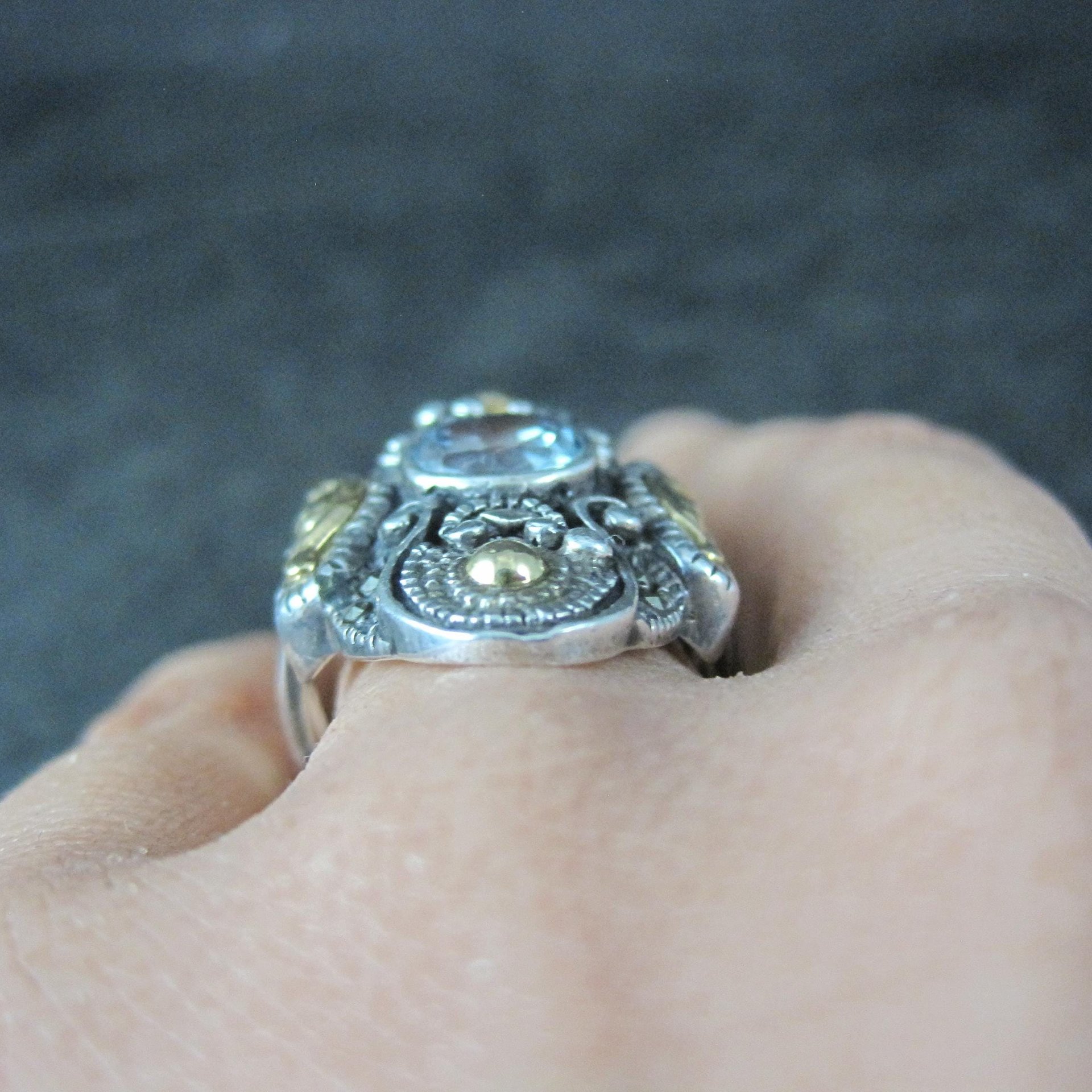 Ornate Estate Sterling 18K Blue Topaz Ring Size 7
