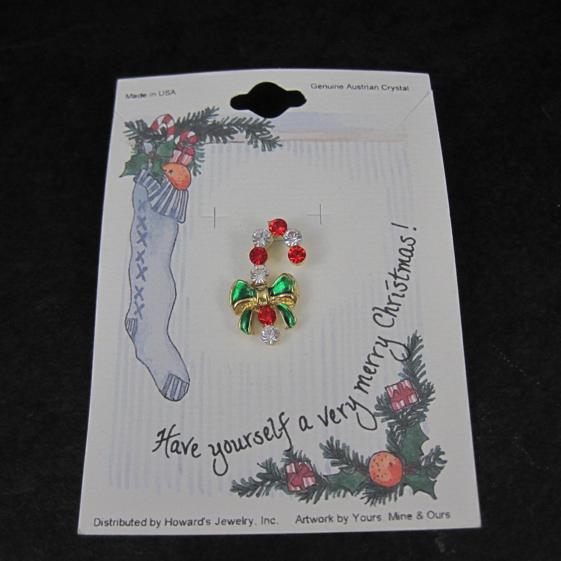 Vintage Crystal Enamel Candy Cane Pin New Old Stock