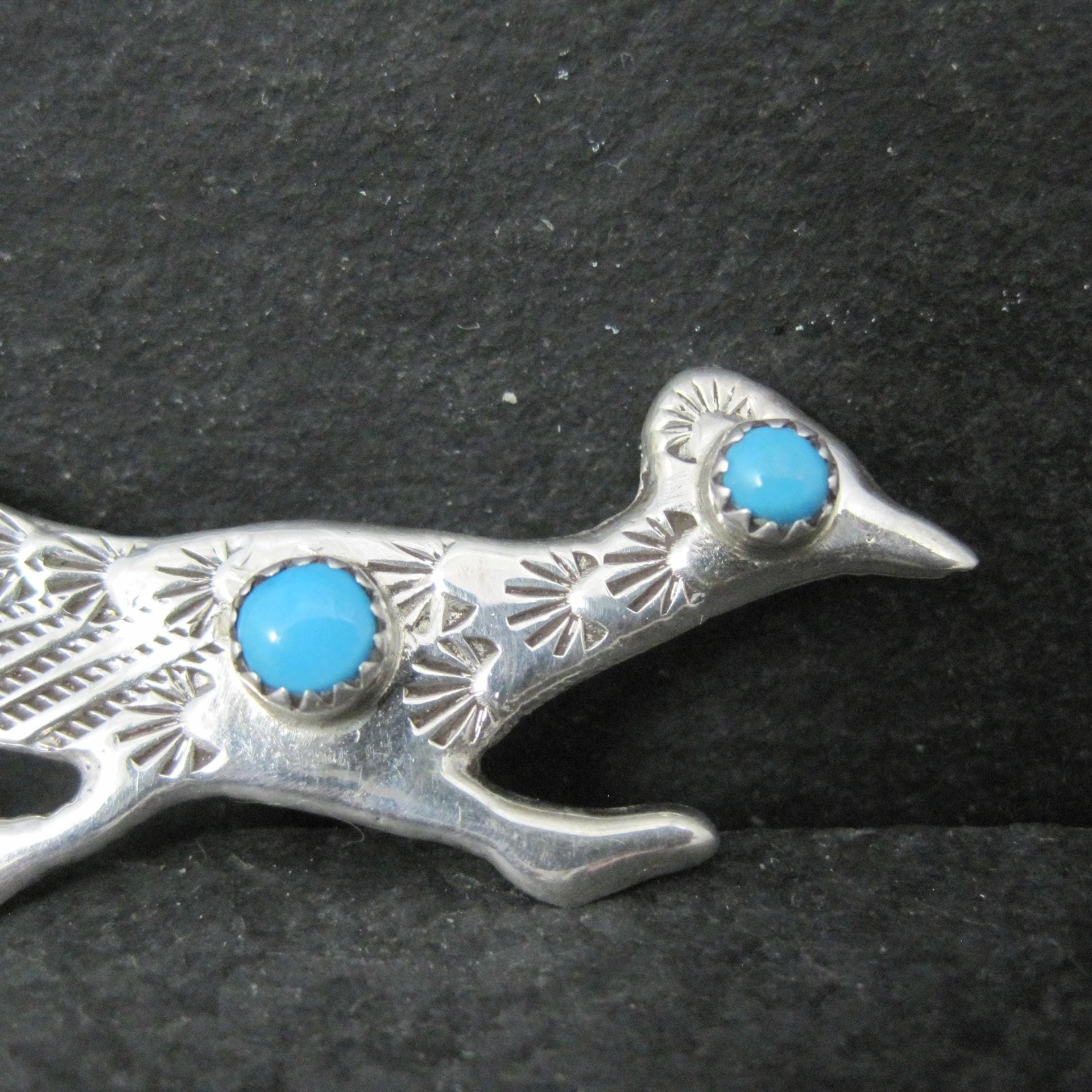 Vintage Sterling Native American Turquoise Roadrunner Brooch