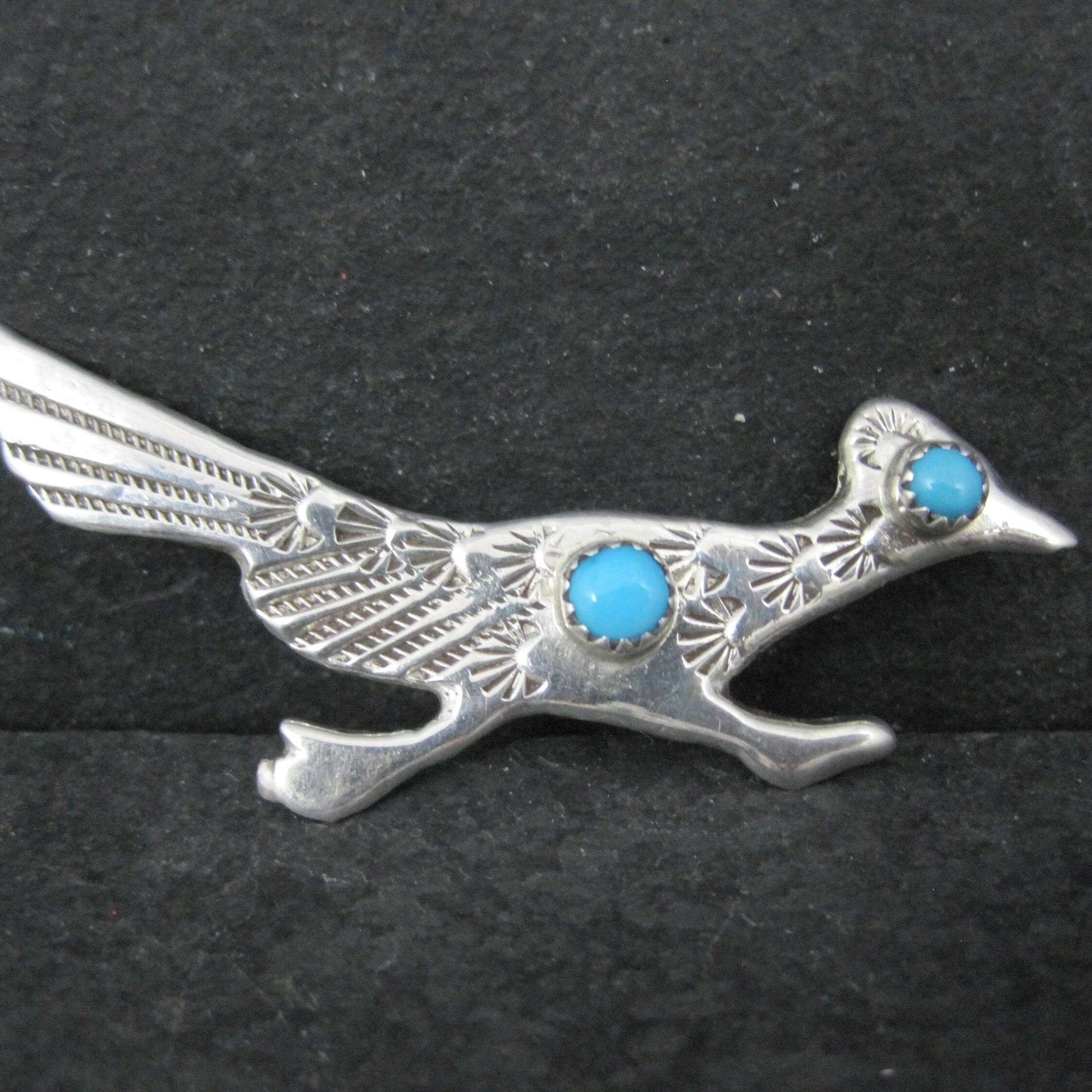 Vintage Sterling Native American Turquoise Roadrunner Brooch