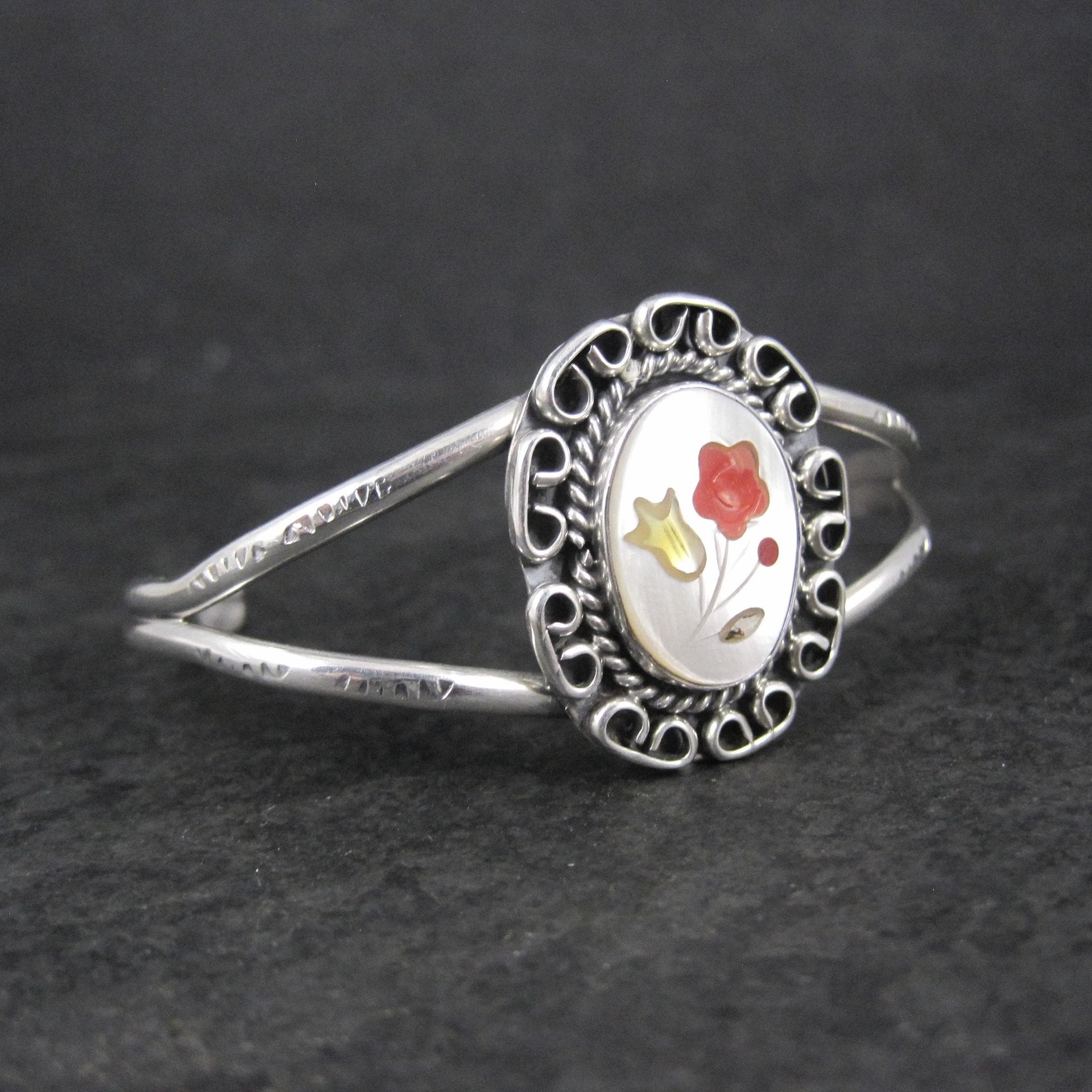 Southwestern Sterling Silver Inlaid Flower Cuff Bracelet 5.5 Inches