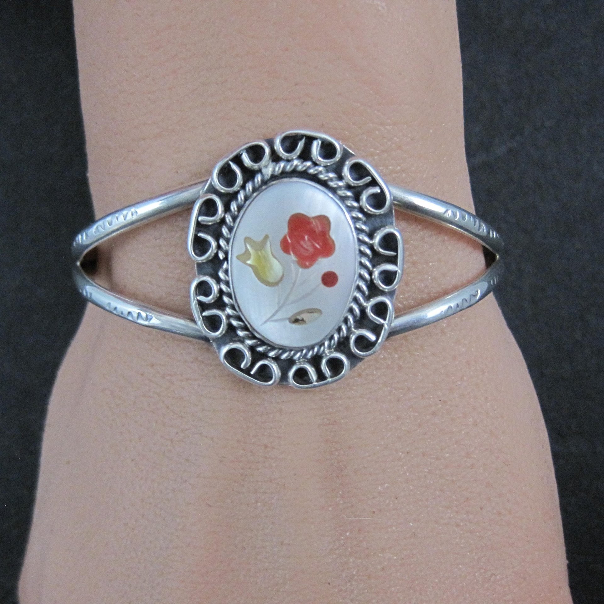 Southwestern Sterling Silver Inlaid Flower Cuff Bracelet 5.5 Inches