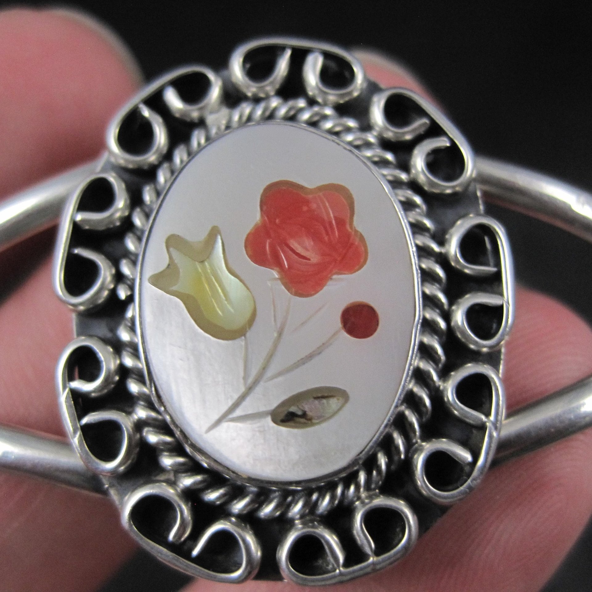 Southwestern Sterling Silver Inlaid Flower Cuff Bracelet 5.5 Inches