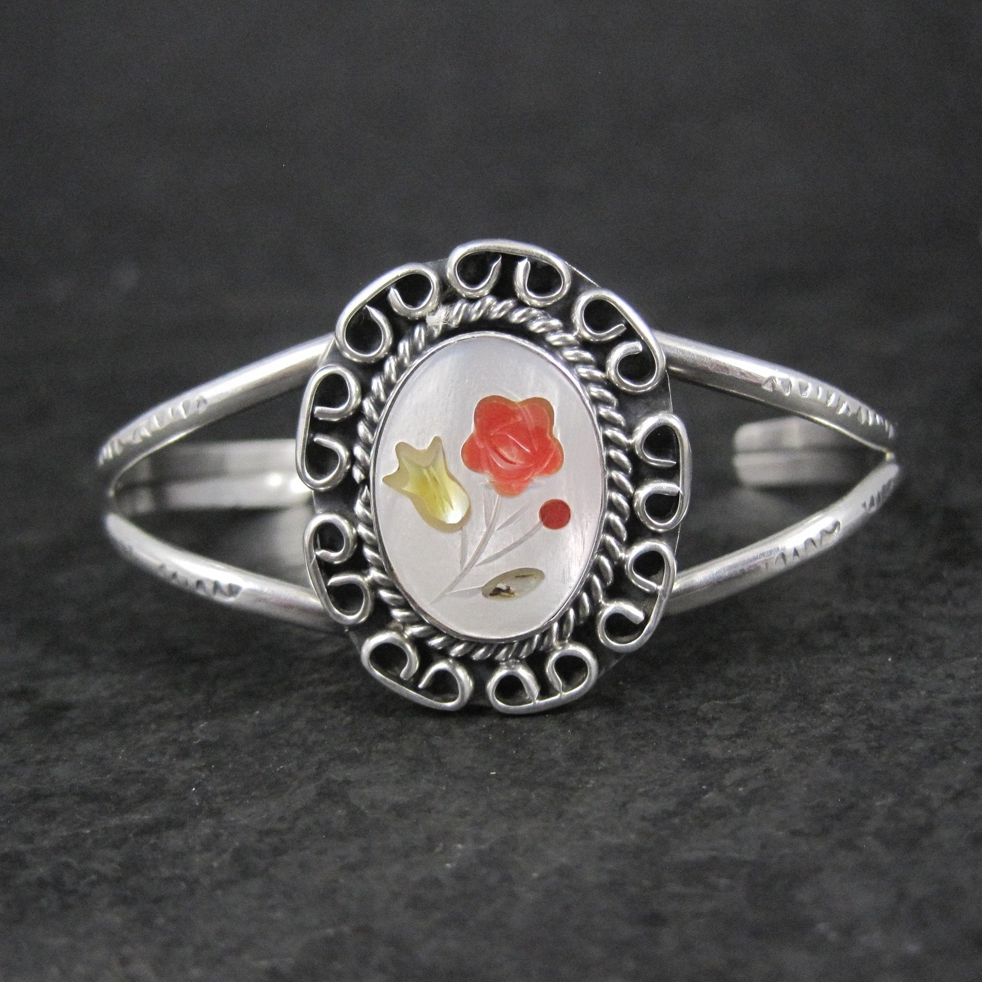 Southwestern Sterling Silver Inlaid Flower Cuff Bracelet 5.5 Inches