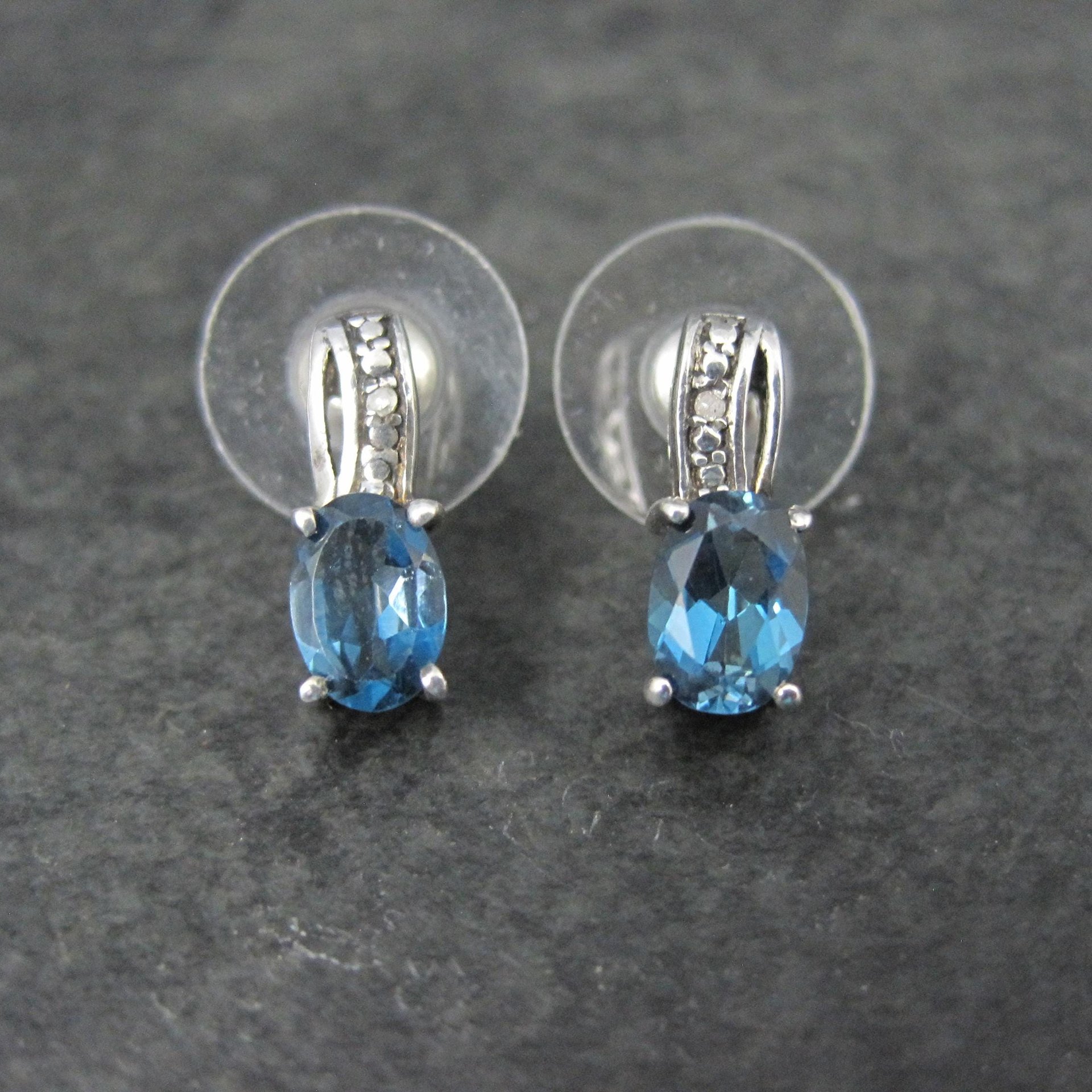 Blue Topaz and Diamond Stud Earrings Sterling Silver