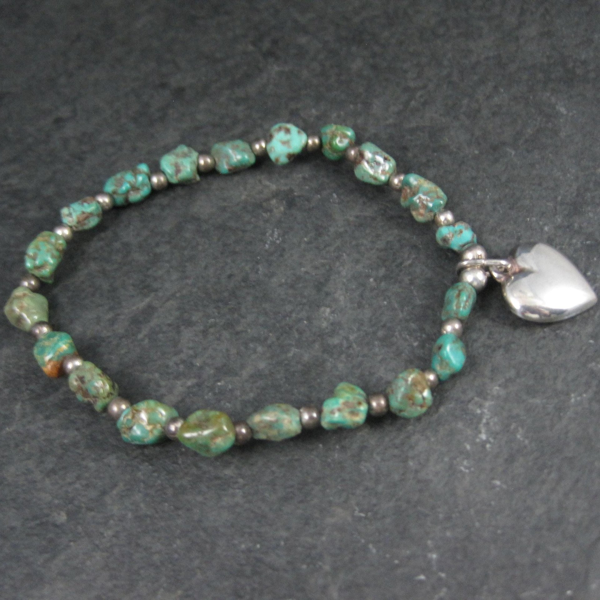 Green Turquoise Stretch Bracelet with Sterling Silver Heart Charm