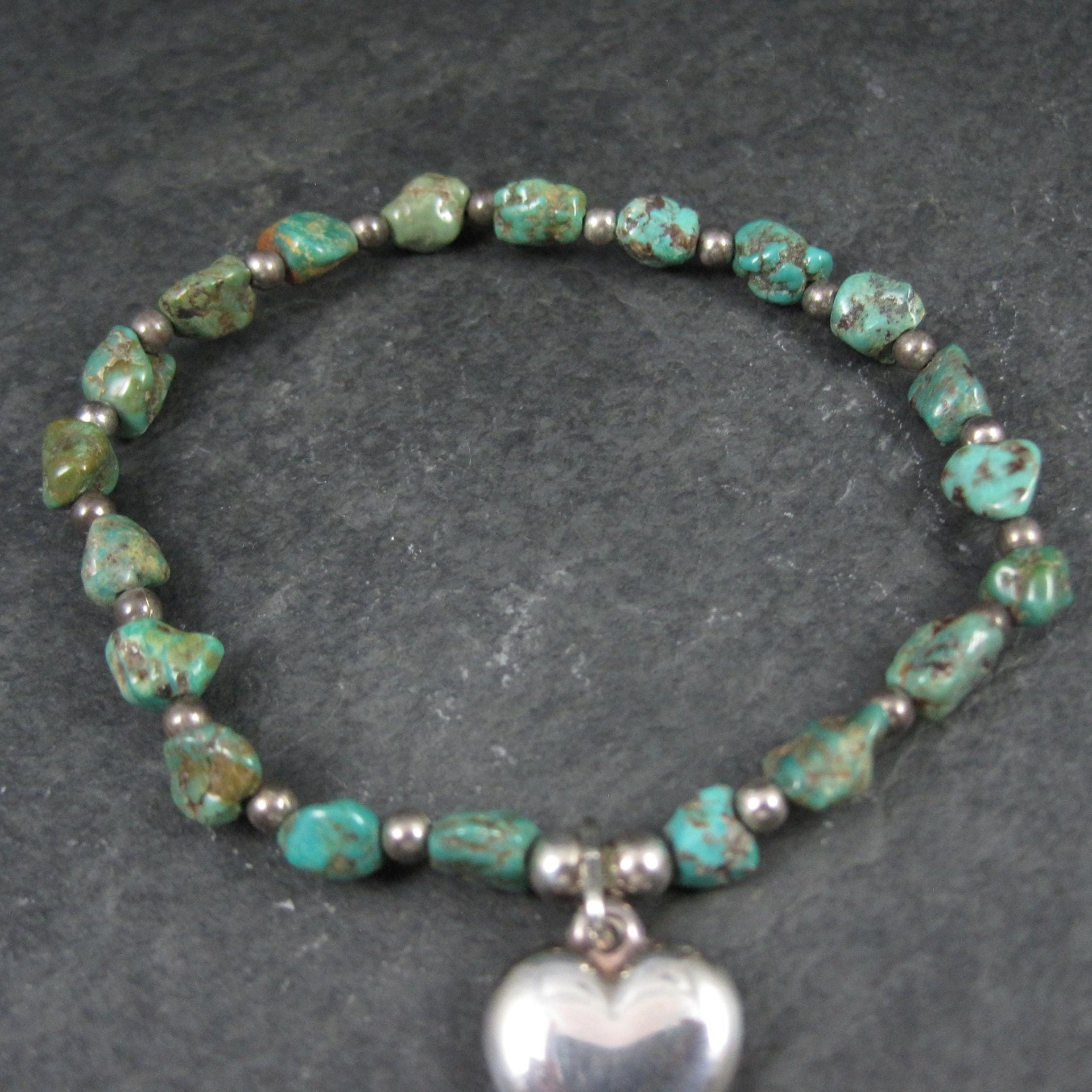 Green Turquoise Stretch Bracelet with Sterling Silver Heart Charm