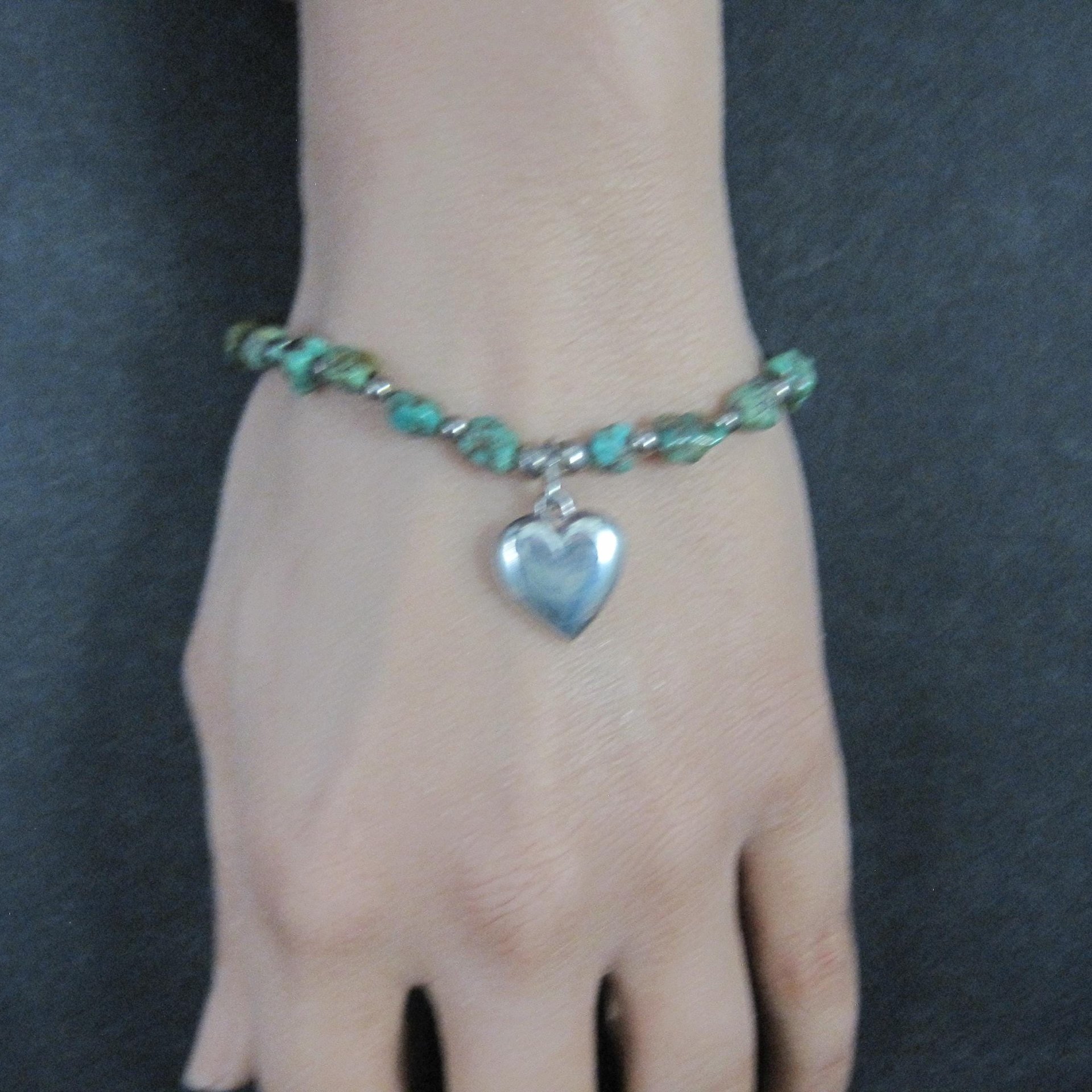 Green Turquoise Stretch Bracelet with Sterling Silver Heart Charm
