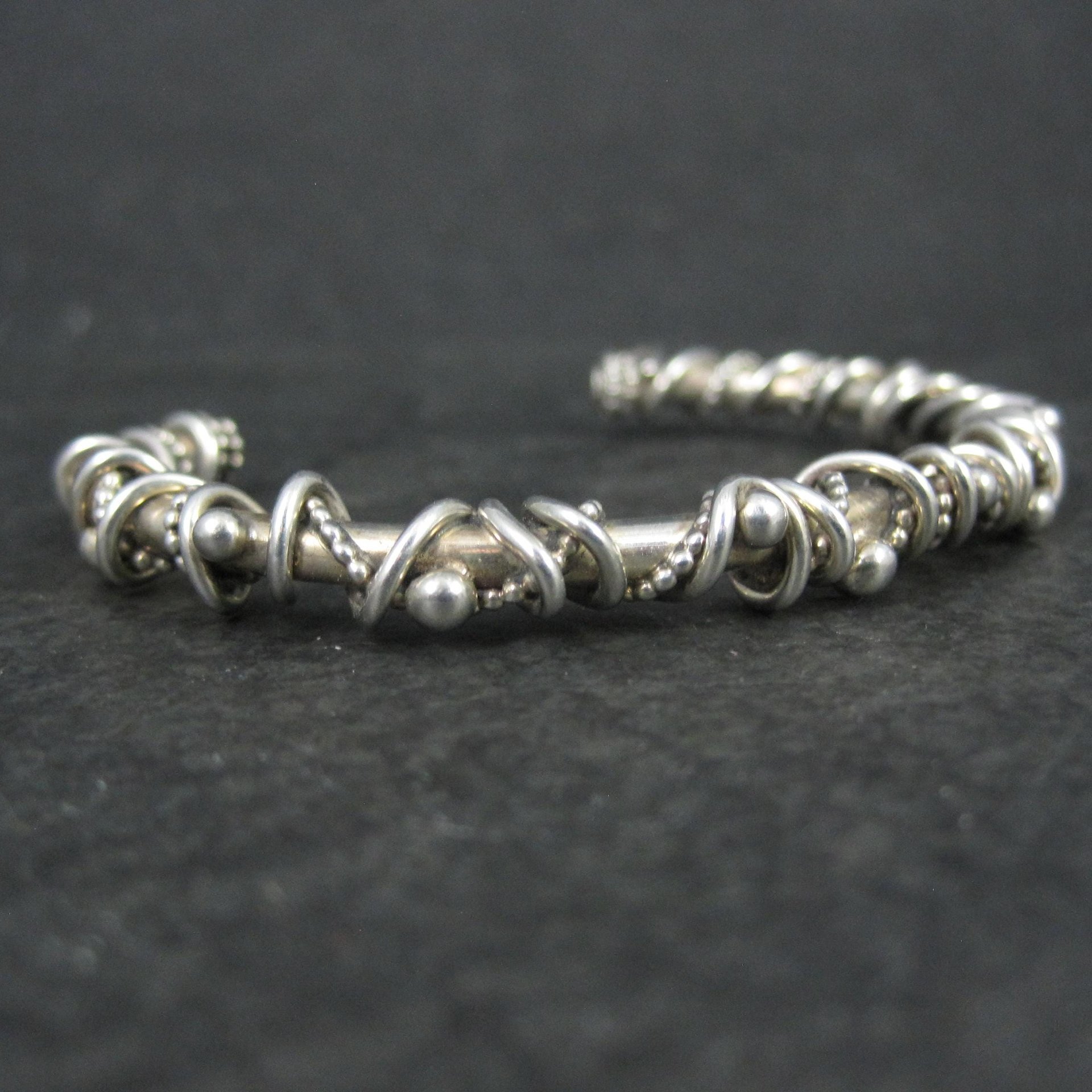 Southwestern Brutalist Sterling Cuff Bracelet 5.5 Inches Wire Wrapped Twisted Silver