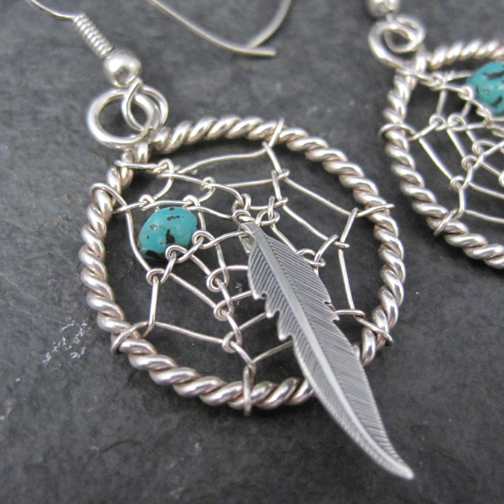 Southwestern Turquoise and Feather Dreamcatcher Earrings Sterling Silver