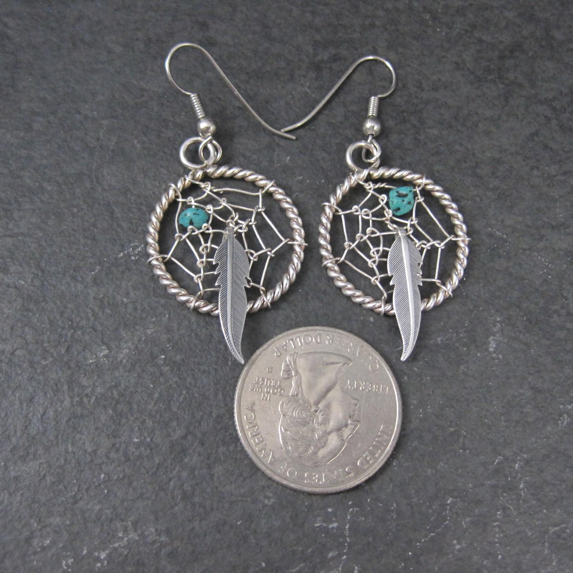 Southwestern Turquoise and Feather Dreamcatcher Earrings Sterling Silver