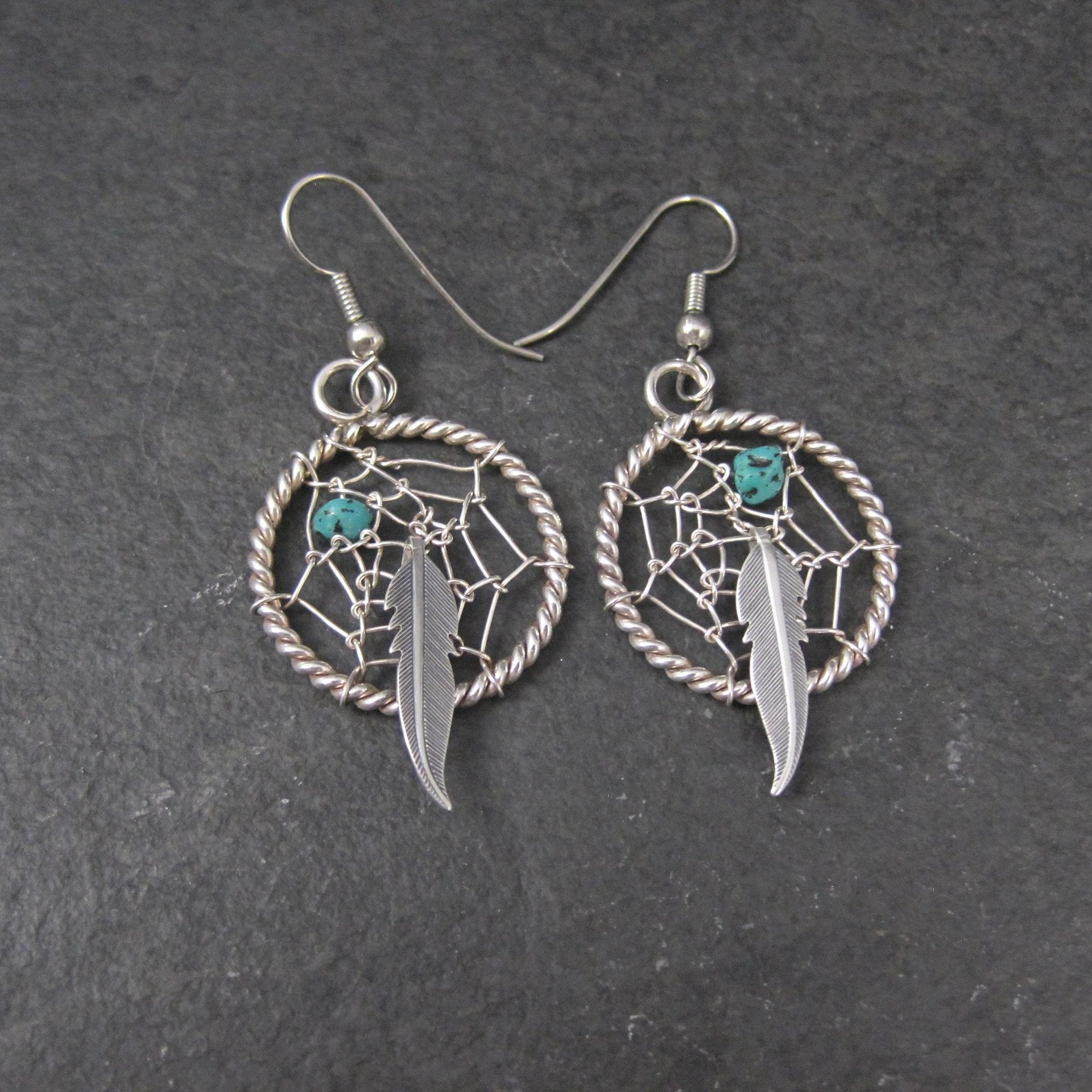 Southwestern Turquoise and Feather Dreamcatcher Earrings Sterling Silver