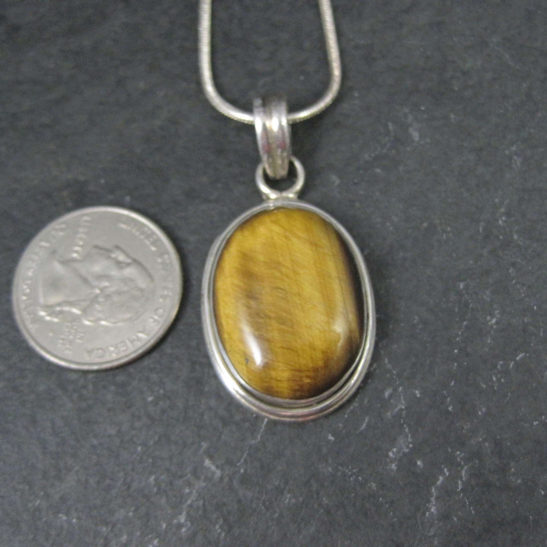 Vintage Sterling Tiger Eye Pendant Silver Estate Necklace