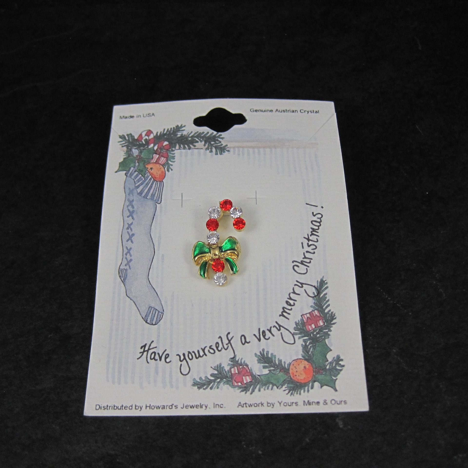 Vintage Crystal Enamel Candy Cane Pin New Old Stock