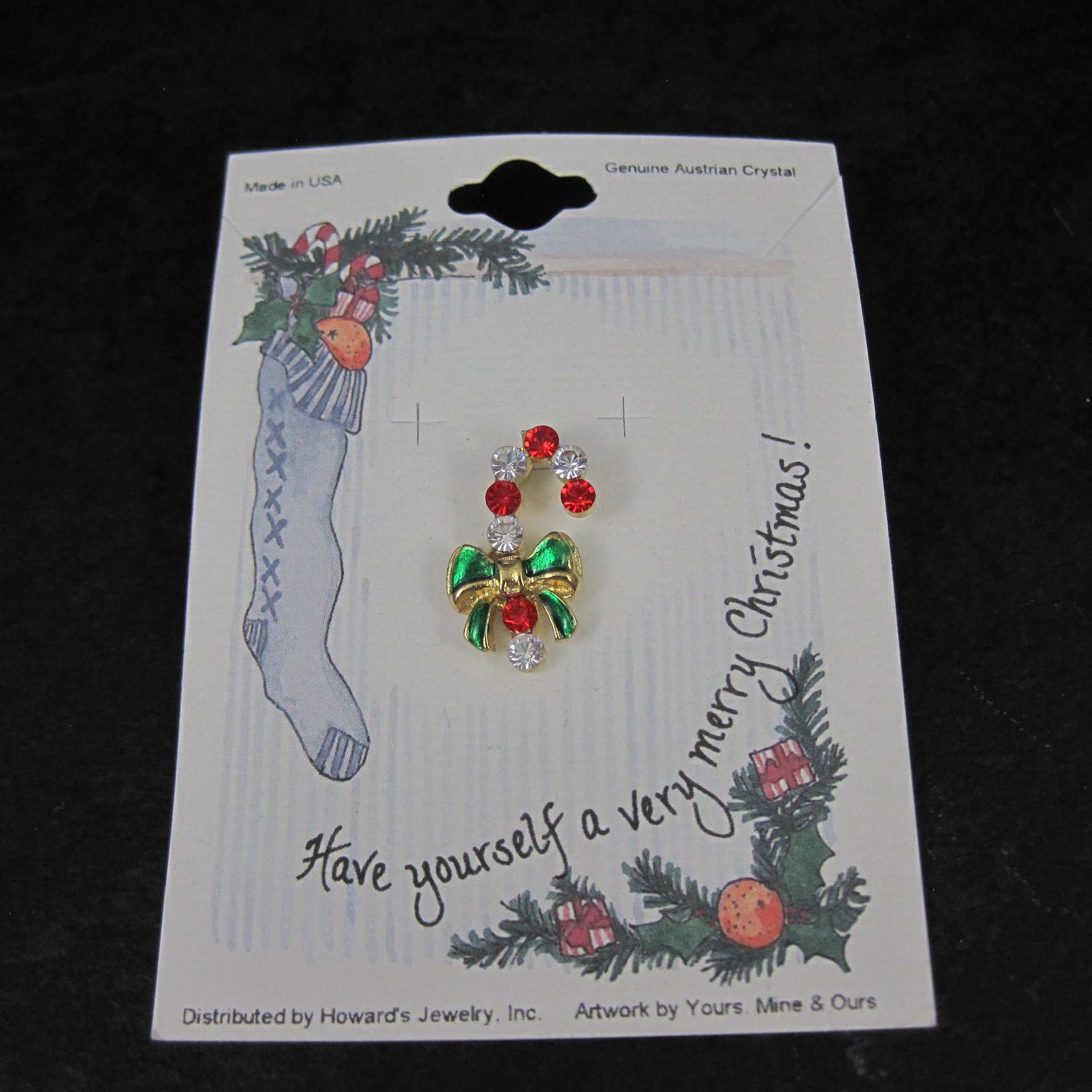 Vintage Crystal Enamel Candy Cane Pin New Old Stock