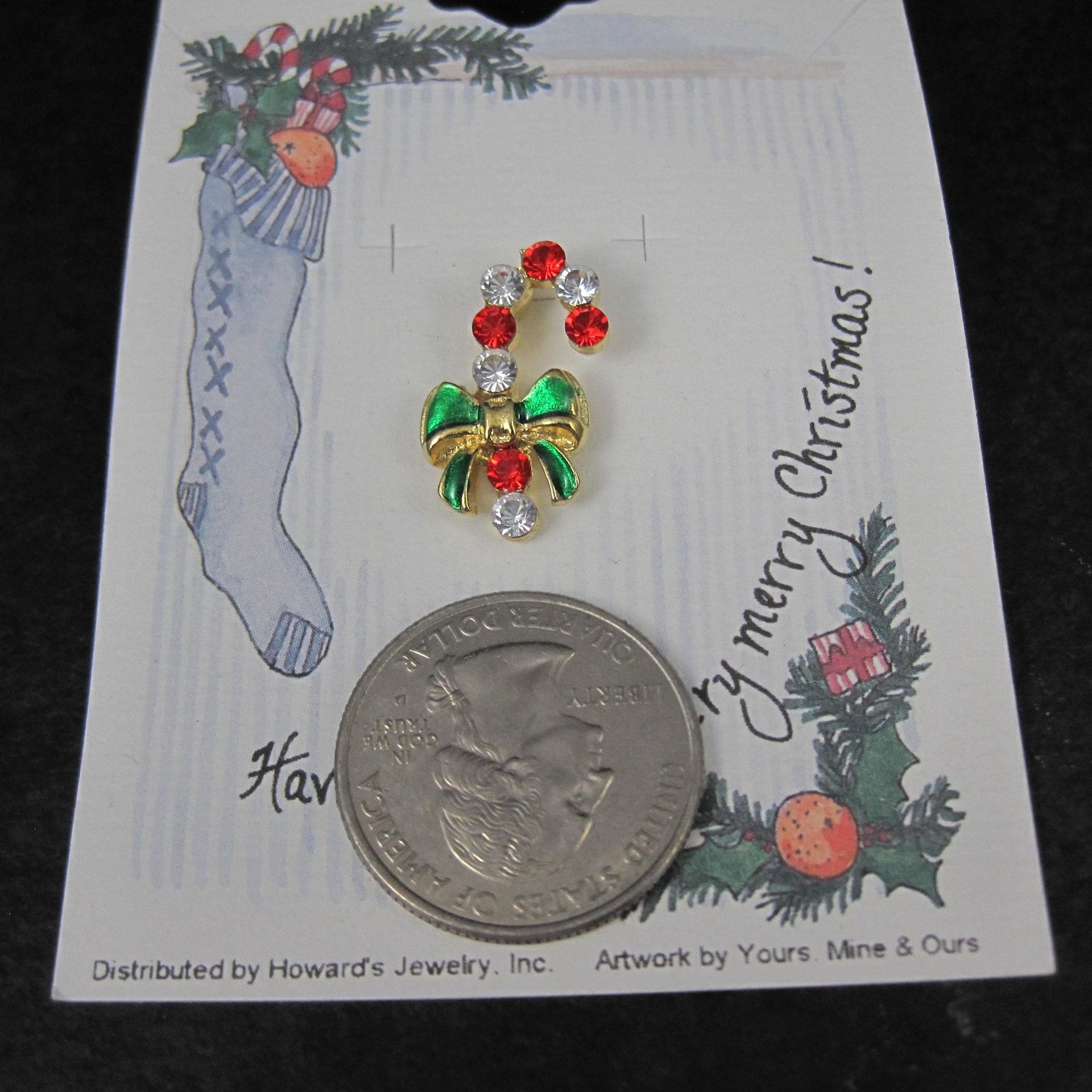 Vintage Crystal Enamel Candy Cane Pin New Old Stock